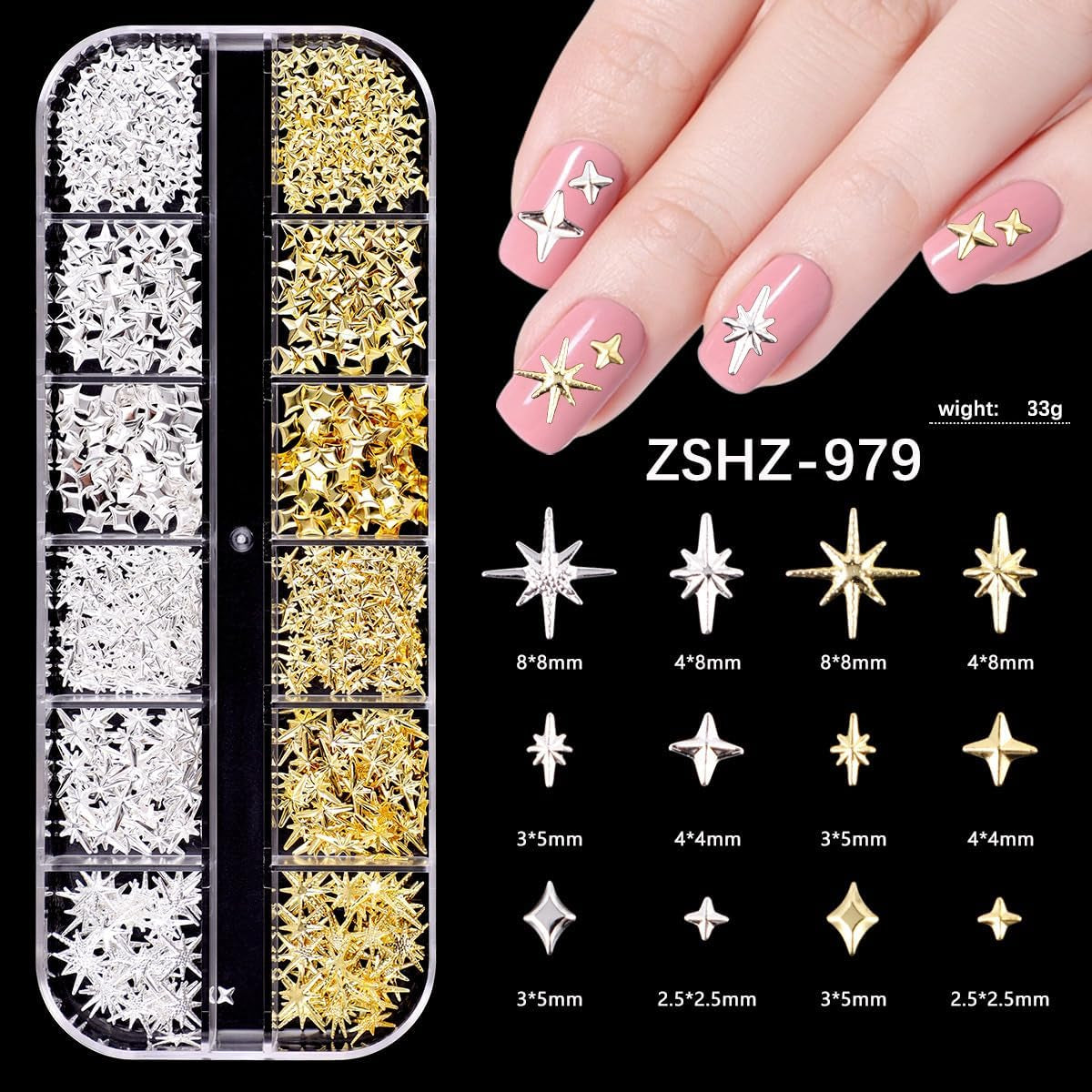 Nail Charms,6 Boxen Gold Silber Nagel Charms 3D Gold Bogen Stern Nail Art Dekoration+6200 Strasssteine ​​​​Bunt Steine ​​​​AB Perlen Diamanten,3D Legierung Bow Nail Gems Nagel Deko Für Frauen Nagel (6-A)