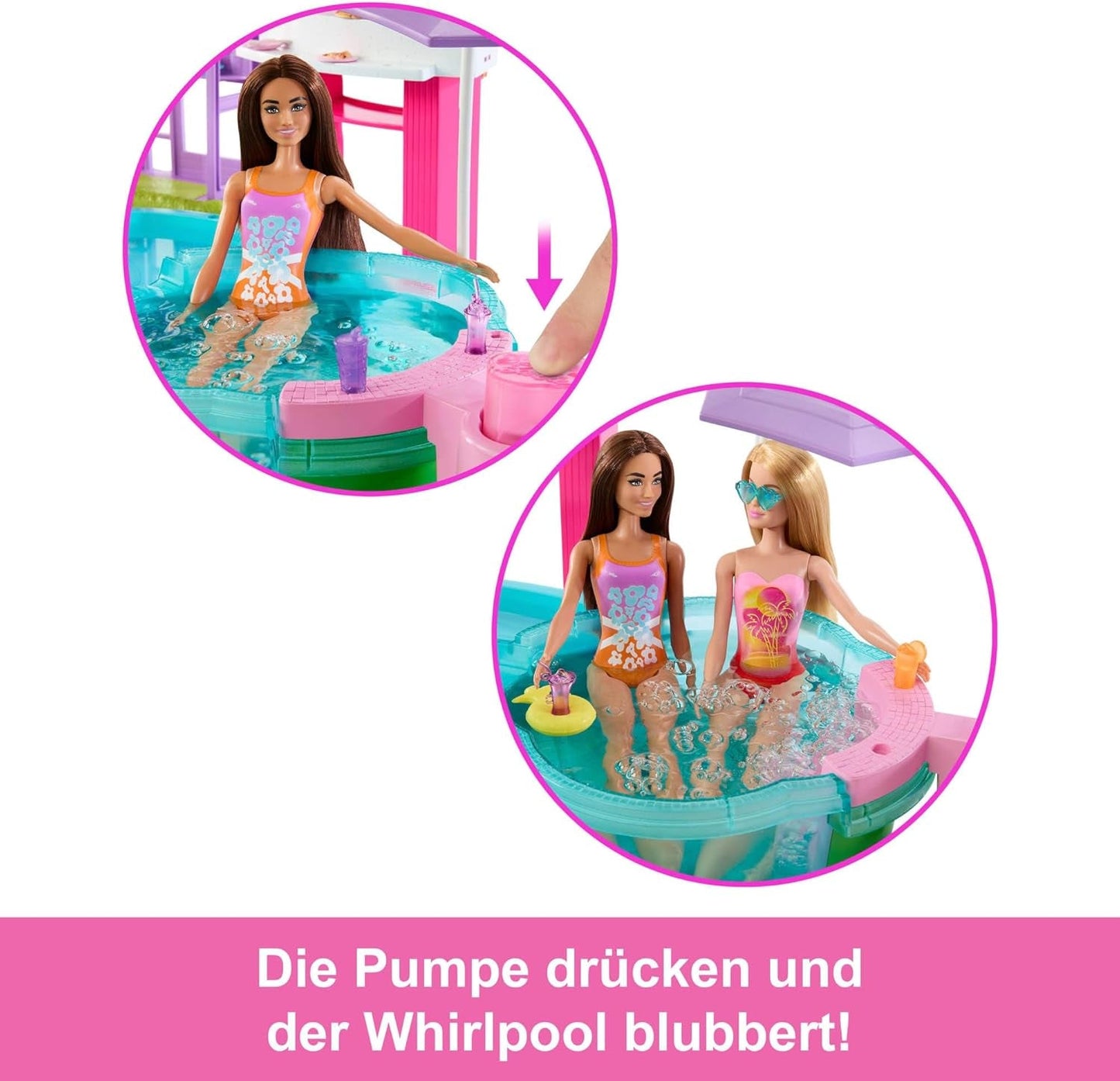 Barbie Dream Pool-Spielset mit sechs Spielbereichen, darunter Rutsche und Whirlpool, sowie über 20 Zubehörteilen wie einem Haustier, Schwimmringen und mehr, JKG83