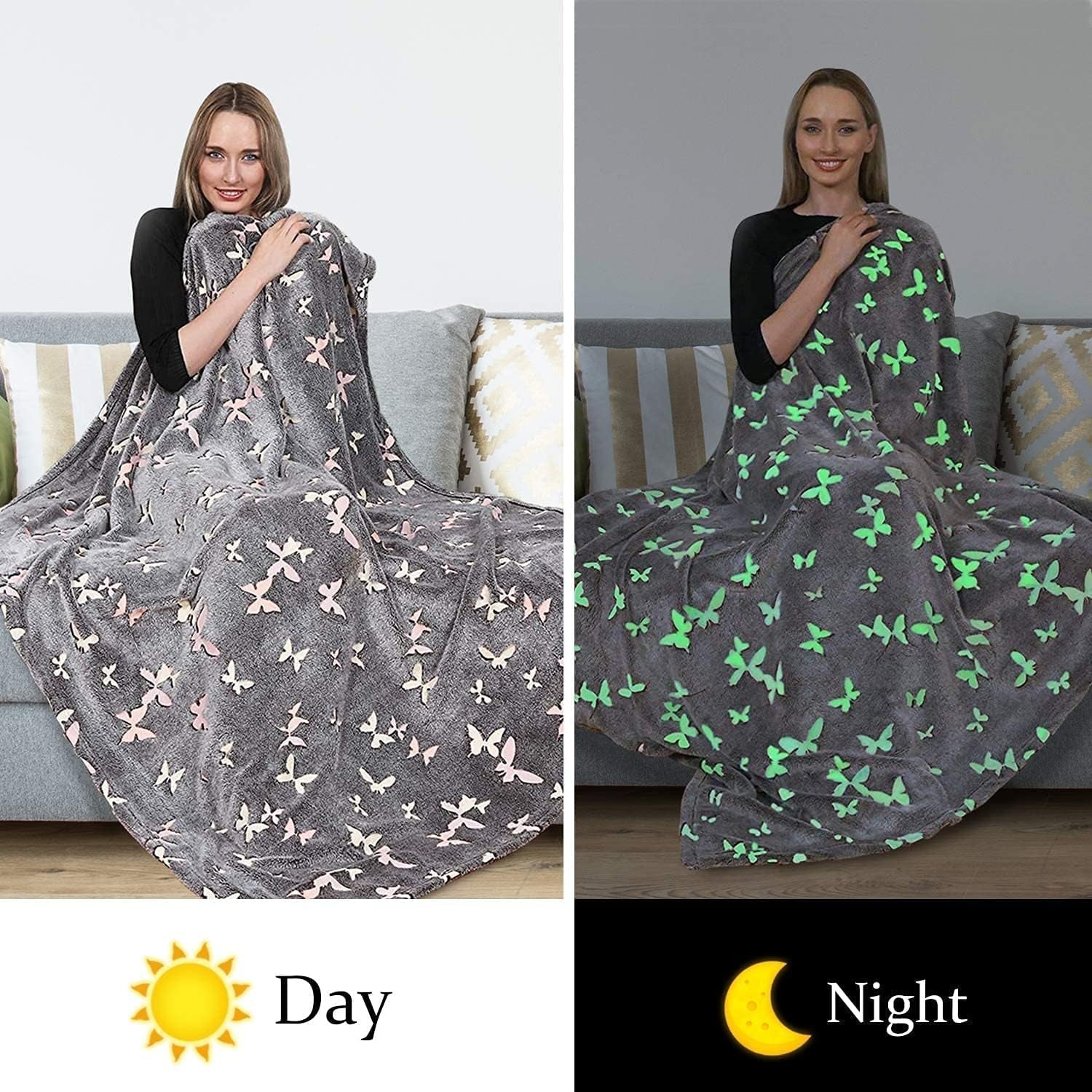 Kanguru Glow Tagesdecke, im Dunkeln leuchtende Decke, Schmetterlingsdecke, weiche Decke, 130 x 150 cm, leuchtende Sofa-Tagesdecke. Im Dunkeln leuchtende Kinderdecke, grau. Betten und Decken. Besuchen Sie den Kanguru-Store