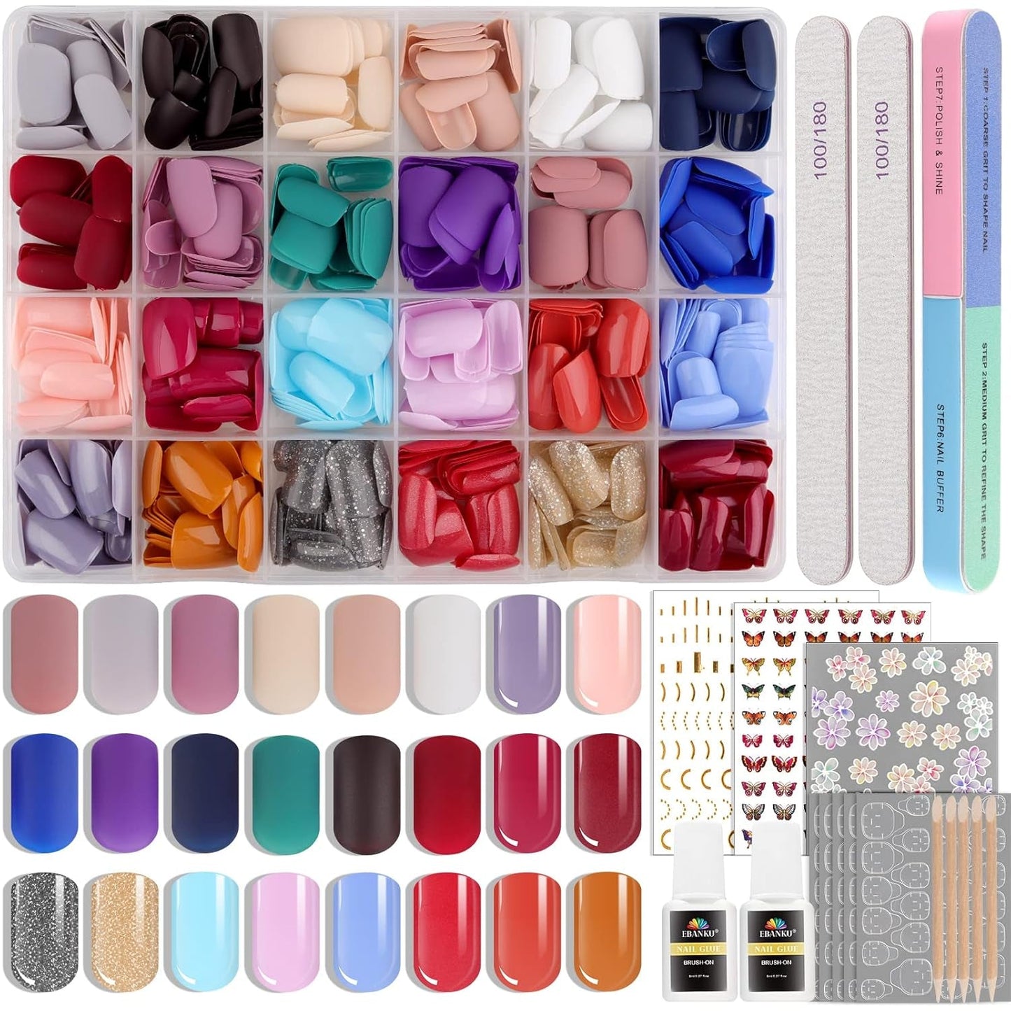 EBANKU 576 Stück kurze Press-on-Nägel mit Nagelkleber, 12 Farben kurze matte Kunstnägel, 8 kurze glänzende Kunstnägel, 4 glitzernde Kunstnägel
