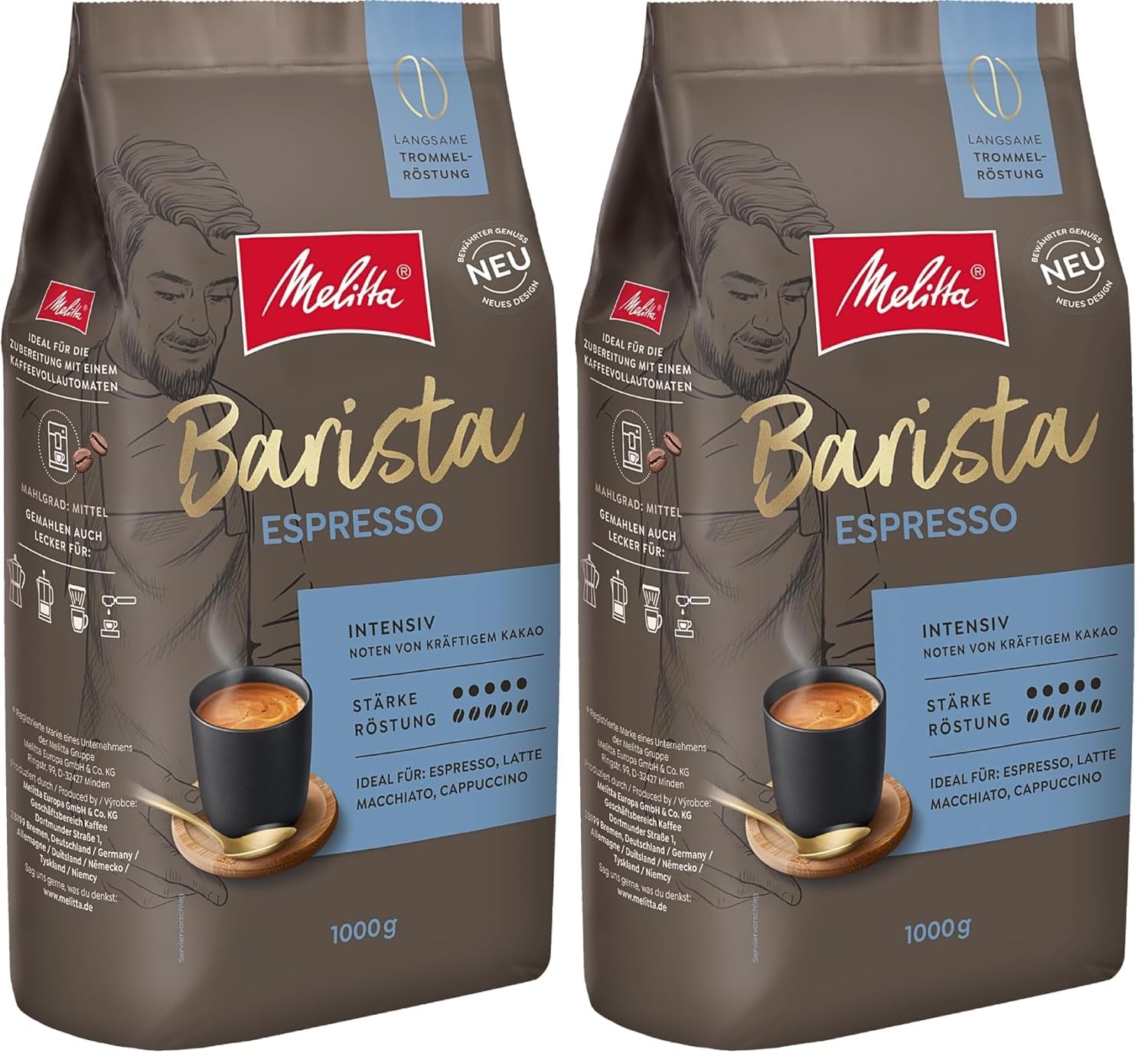 Melitta Barista Classic Espresso, ganze Kaffeebohnen 1 kg, gemahlen, Kaffeebohnen für automatische Espressomaschinen, starke Röstung, Intensität 5 (2er-Pack)