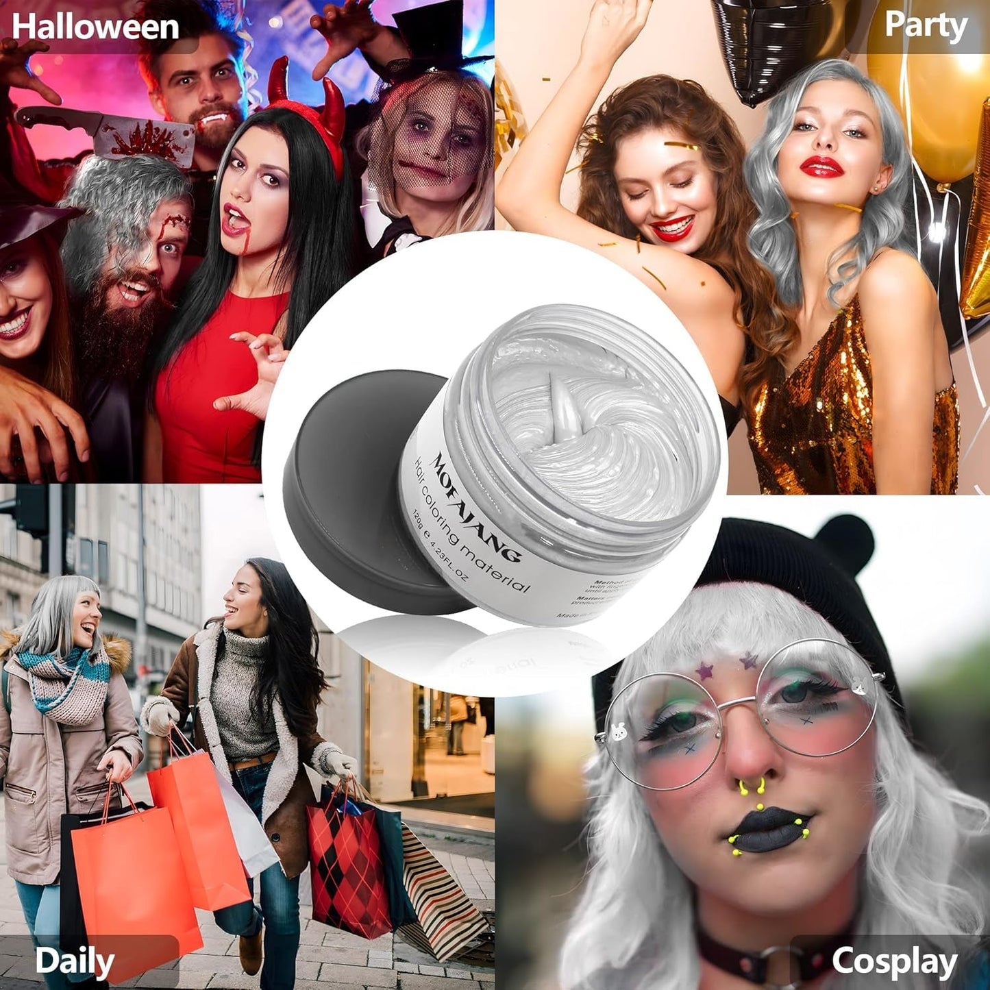 Temporäre Haarfarbe, Styling-Haarton für Männer und Frauen, natürliche Haarpomade, Haarfärbewachs für Party, Cosplay und Halloween, 4,23 oz (Silbergrau) Naty Shop Haarfärbemittel