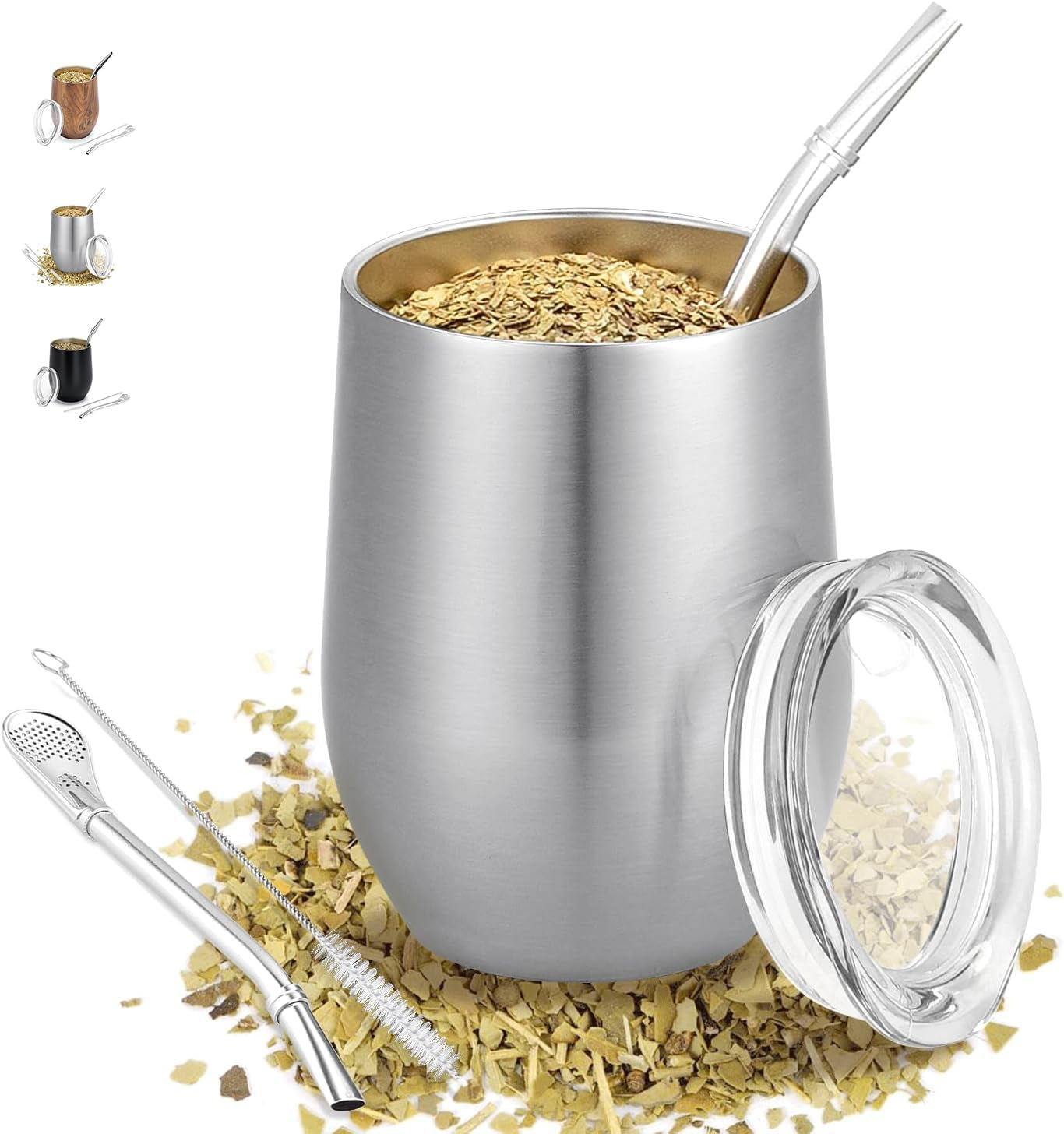 Moderner Mate-Becher 340 ml, isoliertes doppelwandiges Edelstahl-Yerba-Mate-Becher-Set, Mate-Teebecher mit BPA-freiem Deckel, Bombillas und einer Reinigungsbürste (Silber)