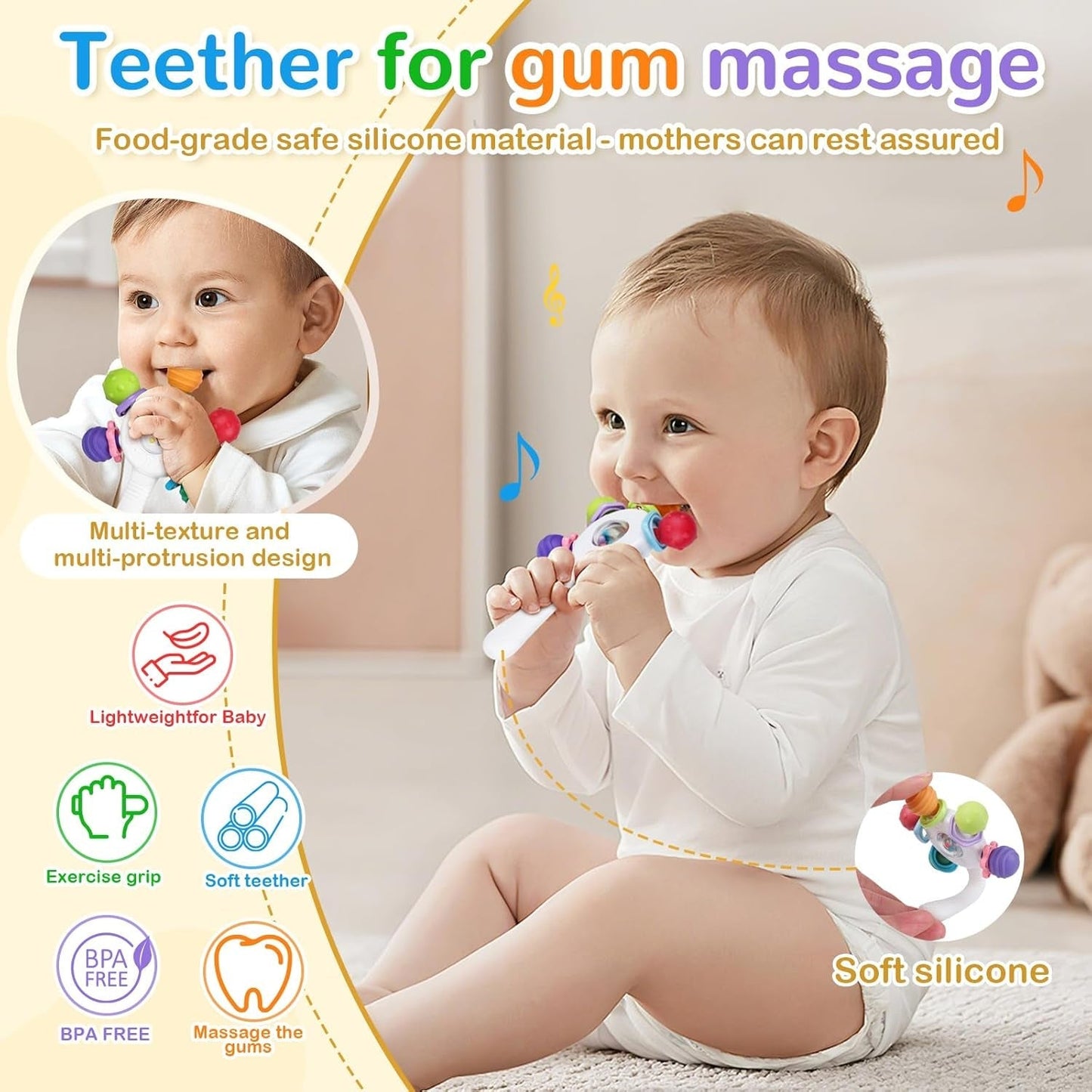 Baby-Beißringe in Lebensmittelqualität – BPA-frei, erstickungssicheres Design, verstärkter Griff, geeignet für Hör- und Zahnentwicklung, ideal für Babys von 0–36 Monaten (weiß)