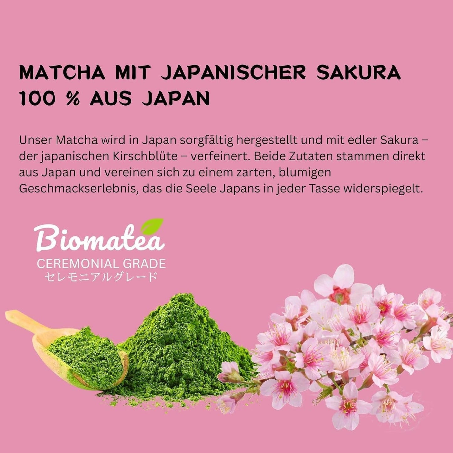 Sakura-Matcha-Tee 50 g – zeremonielle Qualität aus Japan – Premium-Grüntee mit Sakura-Blütenpulver – erste Ernte, Stein gemahlen, vegan, ohne Zusatzstoffe