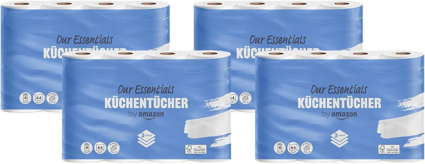 Küchenrolle von Amazon, 3-lagig, 16 Rollen (4 Rollen, 4er-Packung), 64 Blatt pro Rolle, FSC-zertifiziert