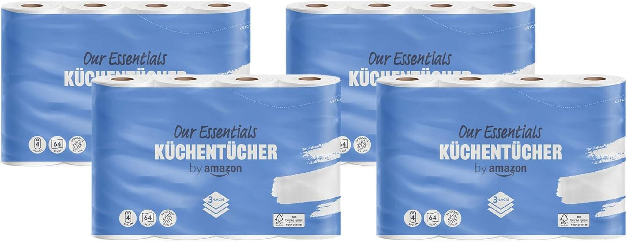 Küchenrolle von Amazon, 3-lagig, 16 Rollen (4 Rollen, 4er-Packung), 64 Blatt pro Rolle, FSC-zertifiziert