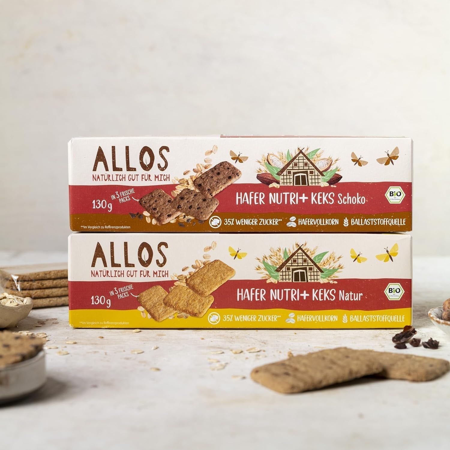 Allos Nutri Bio-Hafercracker | Knusprige Vollkorn-Hafercracker | Mit Honig 6 x 130 g süßen