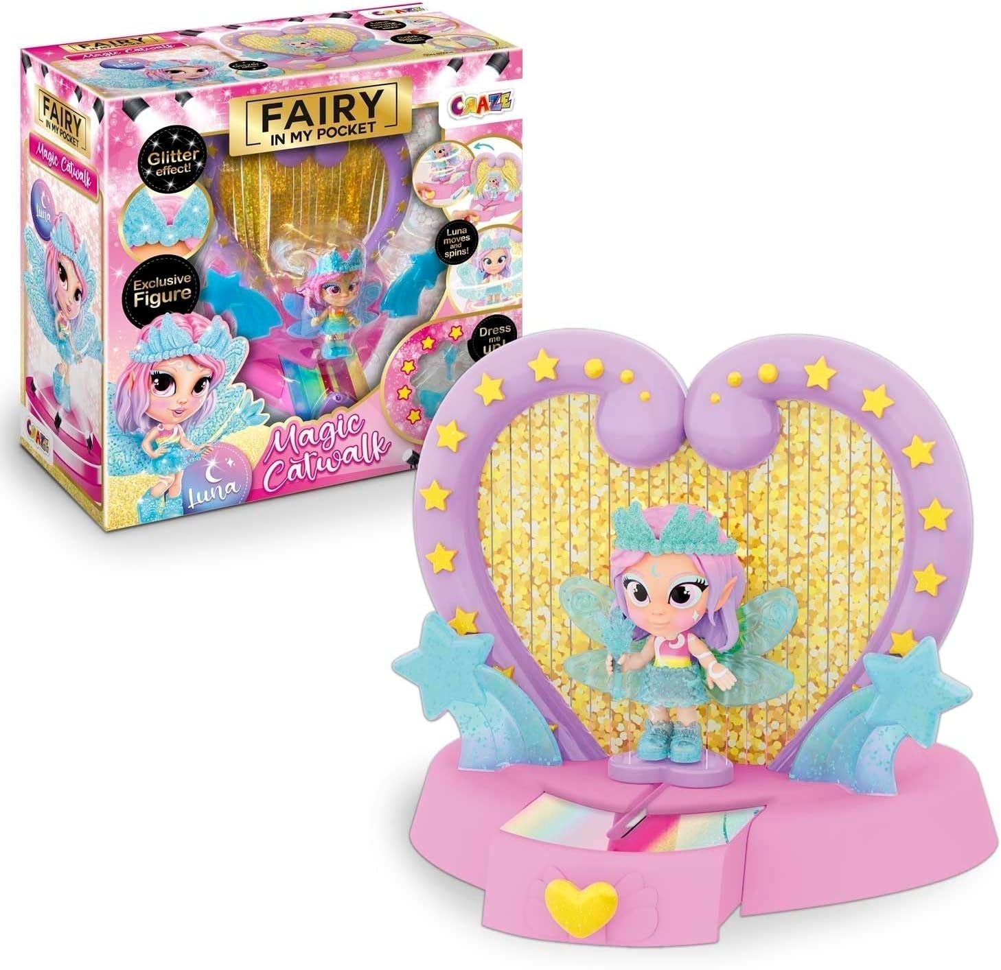 CRAZE Fee in meiner Tasche | Feenpuppe mit Flügeln, sammelbares Feenspielzeug mit Spezialeffekten wie Glitzer, Leuchten im Dunkeln und Farbwechsel. Puppen Naty Shop Fairy Magic Catwalk-Spielset