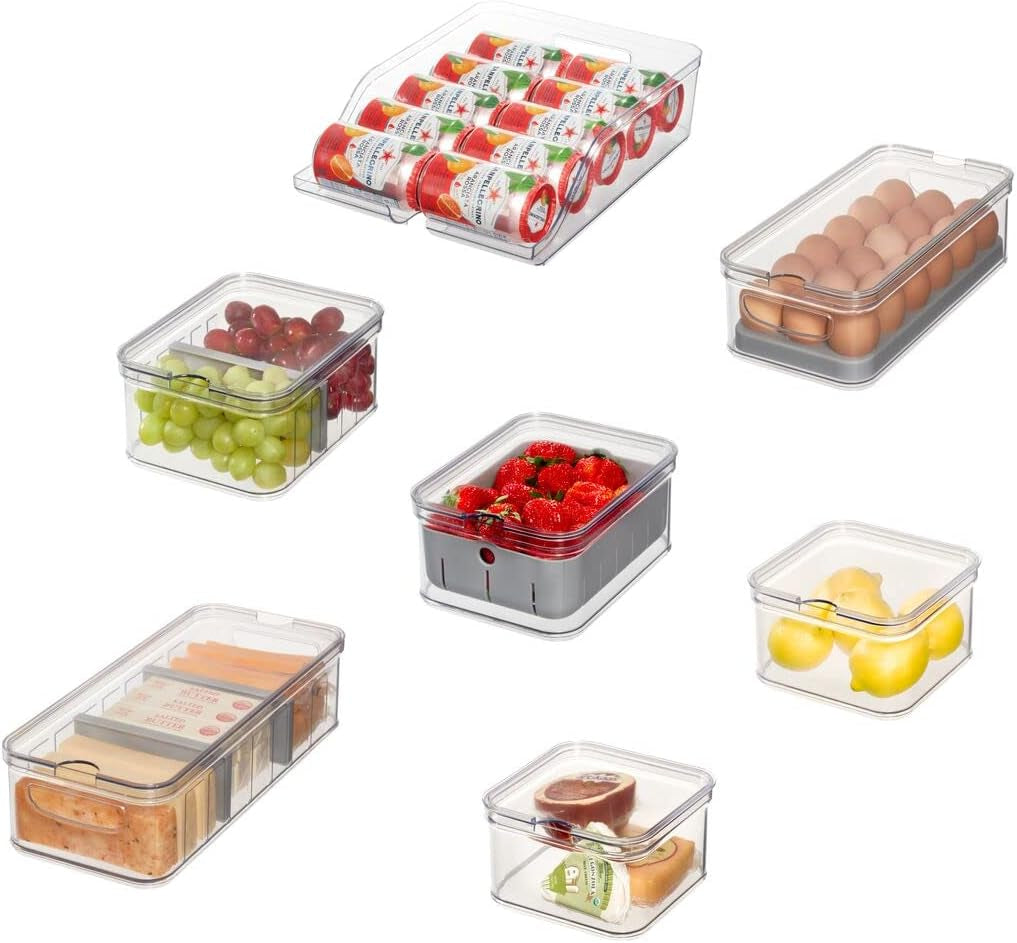 iDesign Aufbewahrungsboxen, Kühlschrank-Organizer mit Deckel im 5er-Set, Lebensmittel-Aufbewahrungsboxen aus recyceltem Kunststoff zum Ordnen von Verbrauchsmaterialien, durchsichtig und weiß Naty Shop Lebensmittel-Aufbewahrungsboxen transparent, grau, 7er-Set