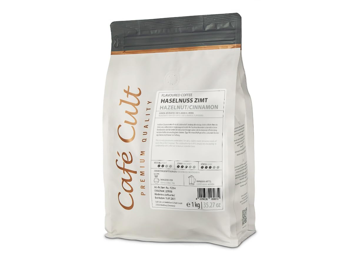 Kaffee „Haselnuss mit Zimt“ im 1 kg Beutel, ganze Bohnen, aromatisiert 1 kg.