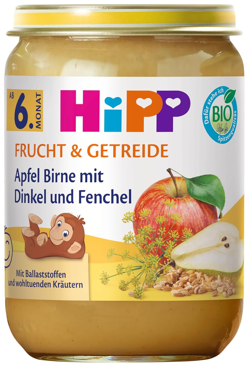 HiPP Bio Apfelbirne mit Dinkel und Fenchel (6 x 190g), ab 6. Monat, mit Bio-Vollkorngetreide und wohltuenden Kräutern, nur natürliche Süße aus Früchten, in bester Bio-Qualität