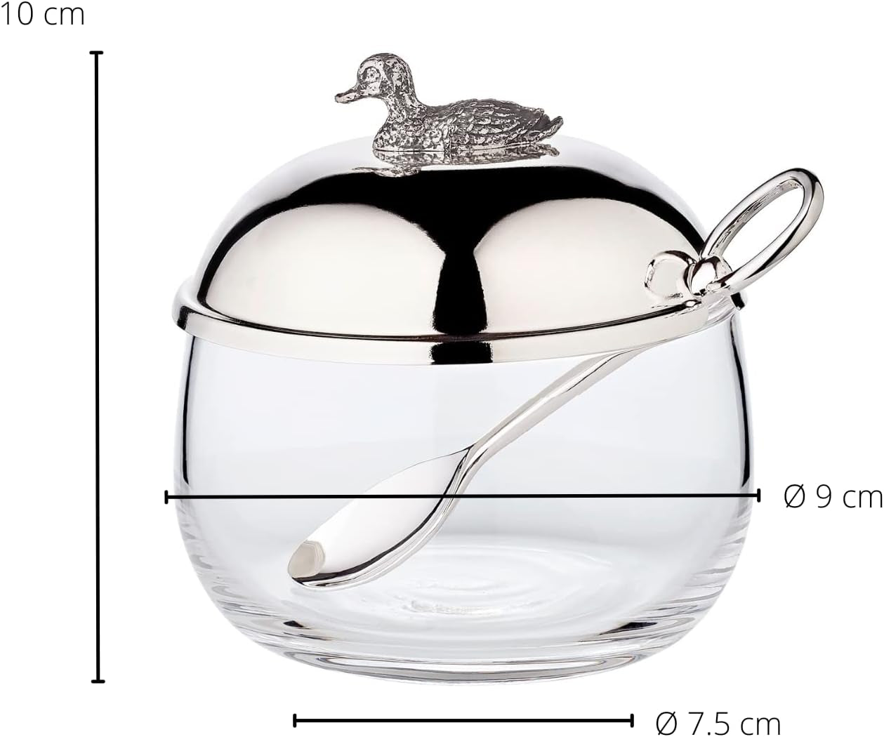 EDZARD Entenmarmeladenglas (Ø 10 cm) aus Silber und Glas - Box und Löffel - Schüssel, Zuckerbehälter, Käse - Marmeladenglas mit Deckel, Aufbewahrung mit Deckel, Geschenkbox mit Verschluss