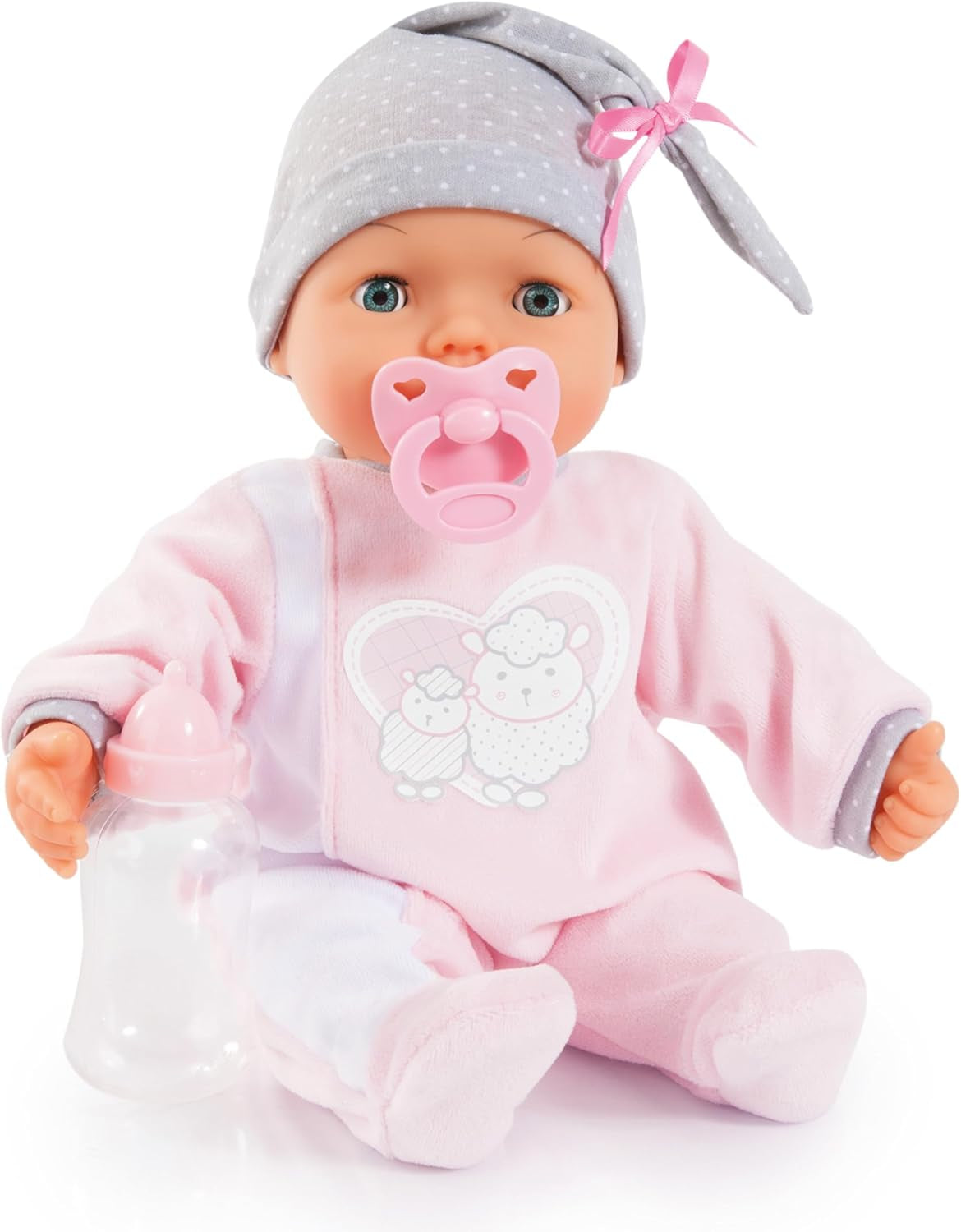 Bayer Design 93829AA My Piccolina interaktive Puppe mit Funktion, Sprechende Puppe, Beweglicher Mund, 38 cm, Schnuller, Babyflasche, Rosa, Grau