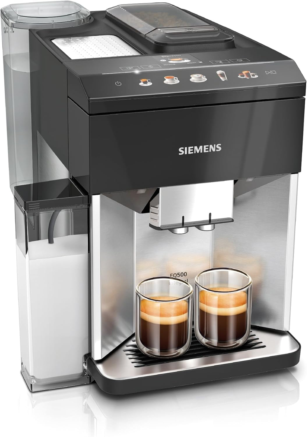 Siemens EQ500 Espressovollautomat TQ513D01, viele Kaffeespezialitäten, Milchaufschäumer, integrierter Milchbehälter, automatische Dampfreinigung, 1500 W, Natural Light Silver/Piano Black