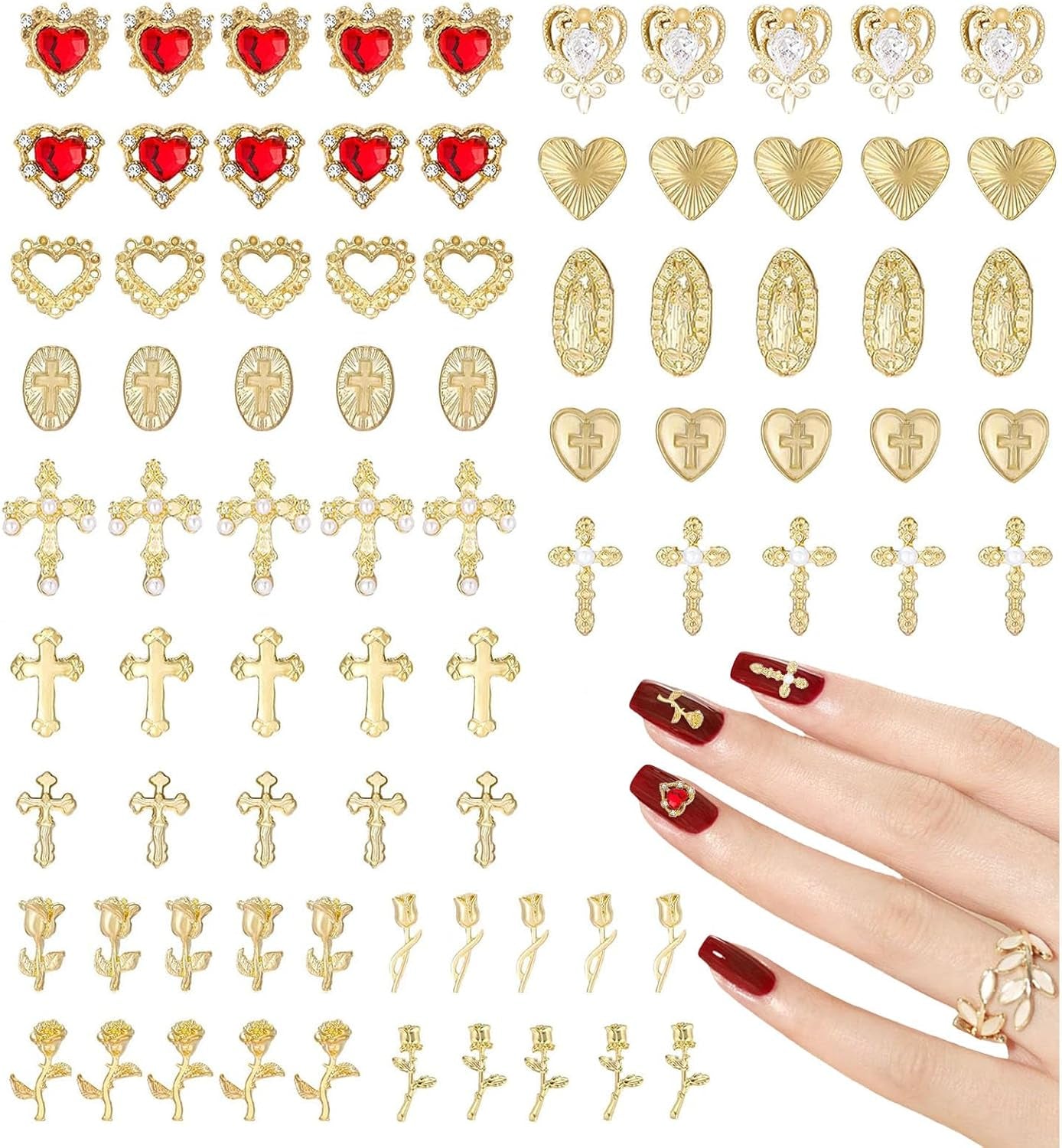 Gold Nagel Charms 80 Stück Kreuz Rose Herz Jungfrau Maria Nagel Edelsteine ​​Metalllegierung Nagelzubehör für Maniküre Design Dekorationen DIY Handwerk