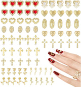 Gold Nagel Charms 80 Stück Kreuz Rose Herz Jungfrau Maria Nagel Edelsteine ​​Metalllegierung Nagelzubehör für Maniküre Design Dekorationen DIY Handwerk