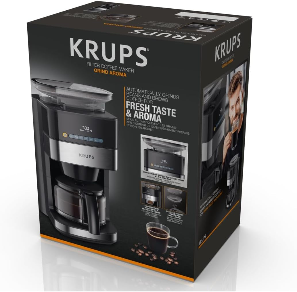 Krups Espressomaschine KM8328 Mahlen mit Mahlwerk | 24-Stunden-Timer | Getreidebehälter 180 g | Fassungsvermögen 1,25 l für bis zu 15 Tassen Kaffee | Automatische Abschaltfunktion | 3 Mahlgradeinstellungen | Schwarz