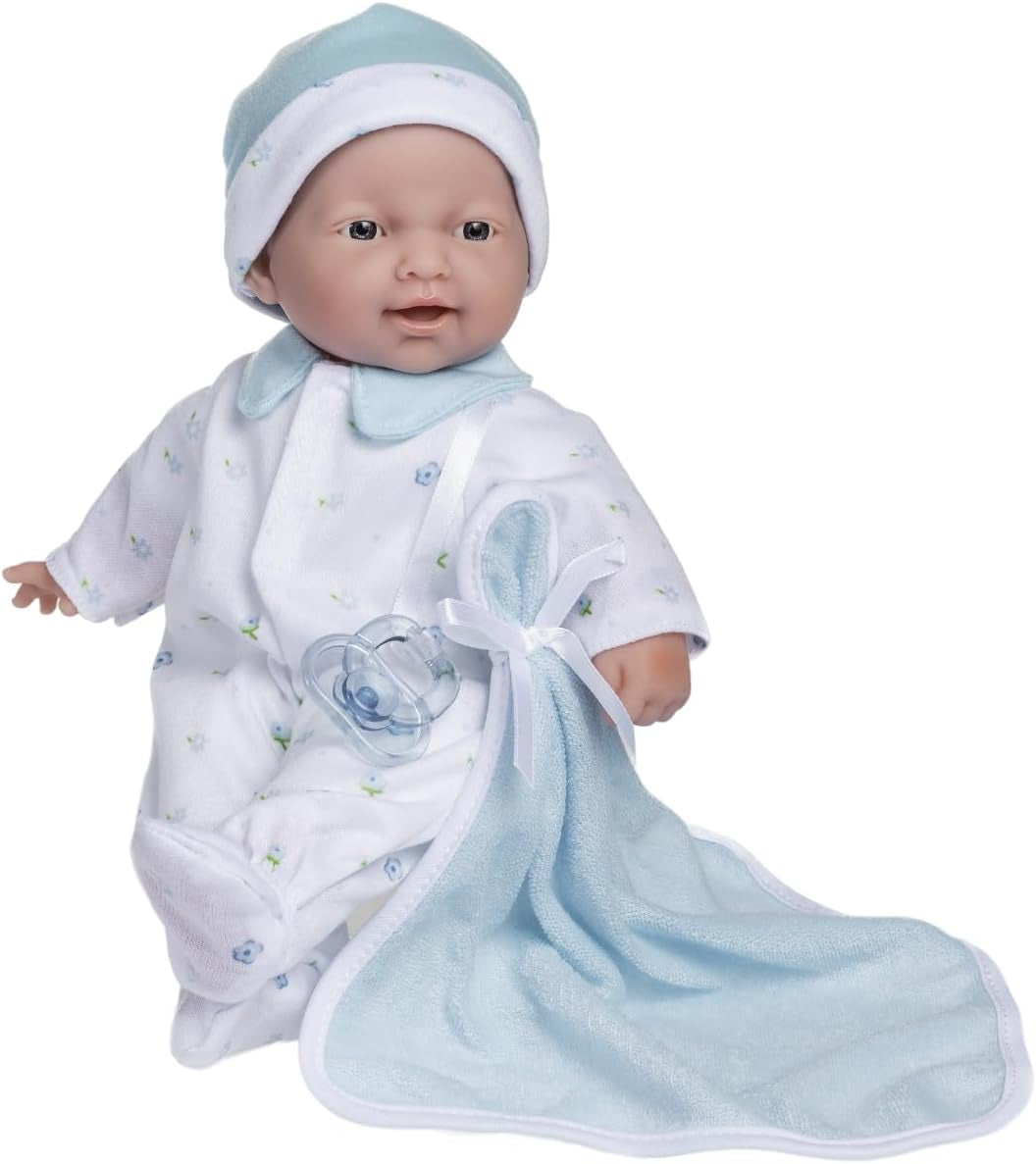JC Toys La Baby Kaukasisches Babypuppen-Set – 28 cm große, weiche, waschbare Puppe, abnehmbares rosa Outfit mit Hut, Decke und Schnuller, für 12 Monate und älter. Naty Shop Puppen, einzelne Kaukasier, blau