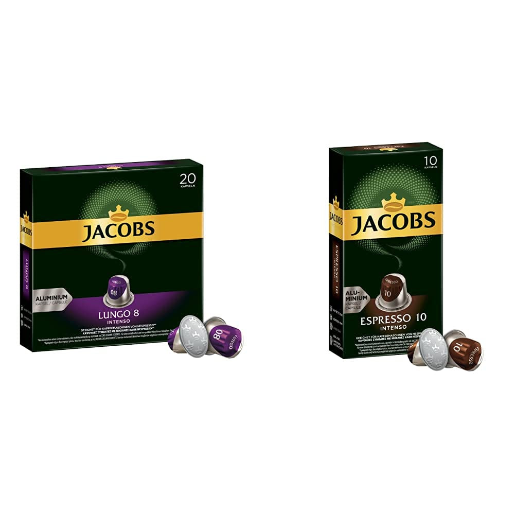 Kaffeekapseln Lungo Intenso, Intensität 8 von 12, 200 Nespresso®* kompatible Kapseln, 10 x 20 Getränke & Kapseln Espresso Intenso, Intensität 10.100 Nespresso®* kompatible Kaffeekapseln, 10x10