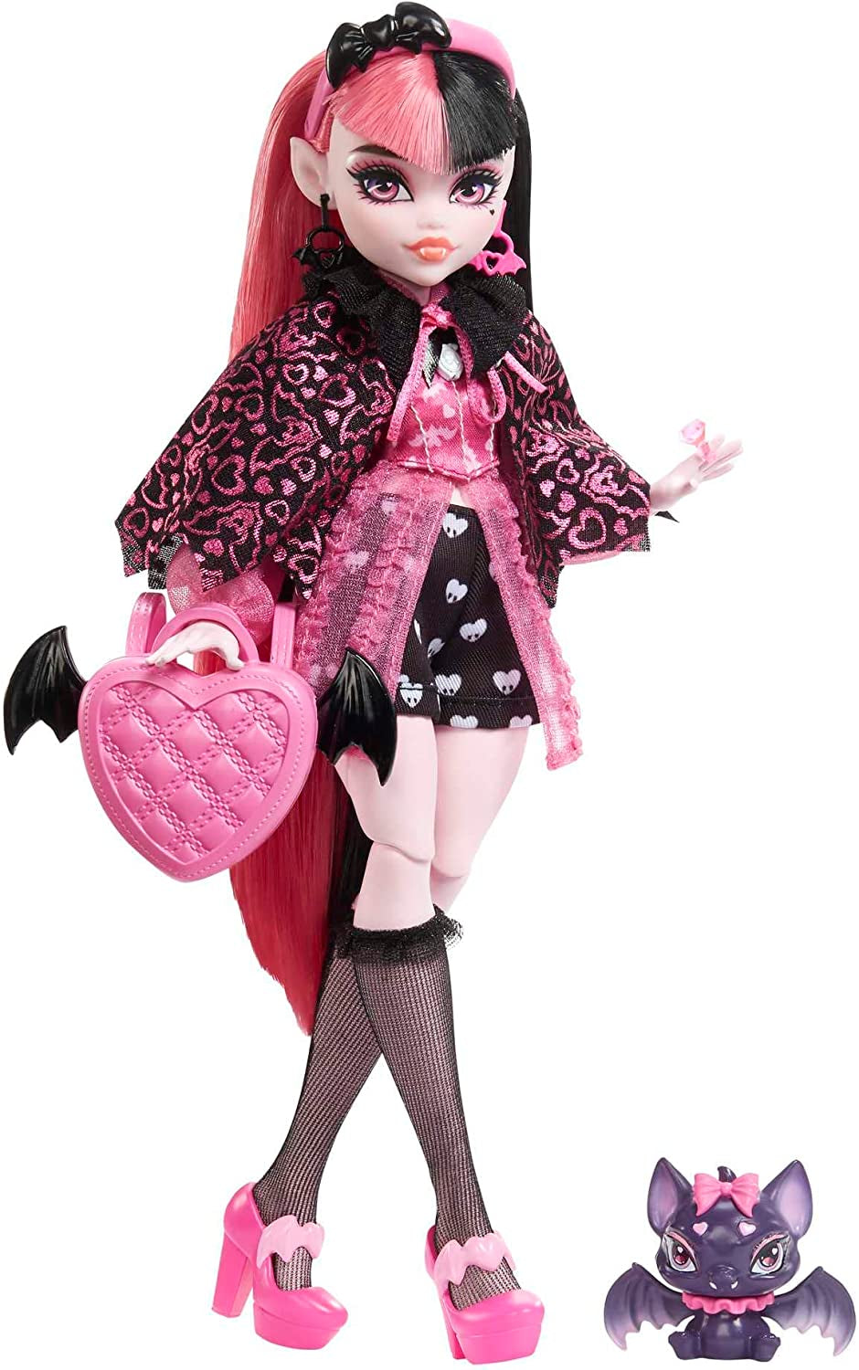 Monster High Draculaura-Puppe mit ihrem Haustier Count Fabulous Fledermauskatze und Accessoires wie Rucksack, Zauberbuch, Bento-Box und mehr, HRP64 Naty Shop Dolls Vamp-tastische Mode
