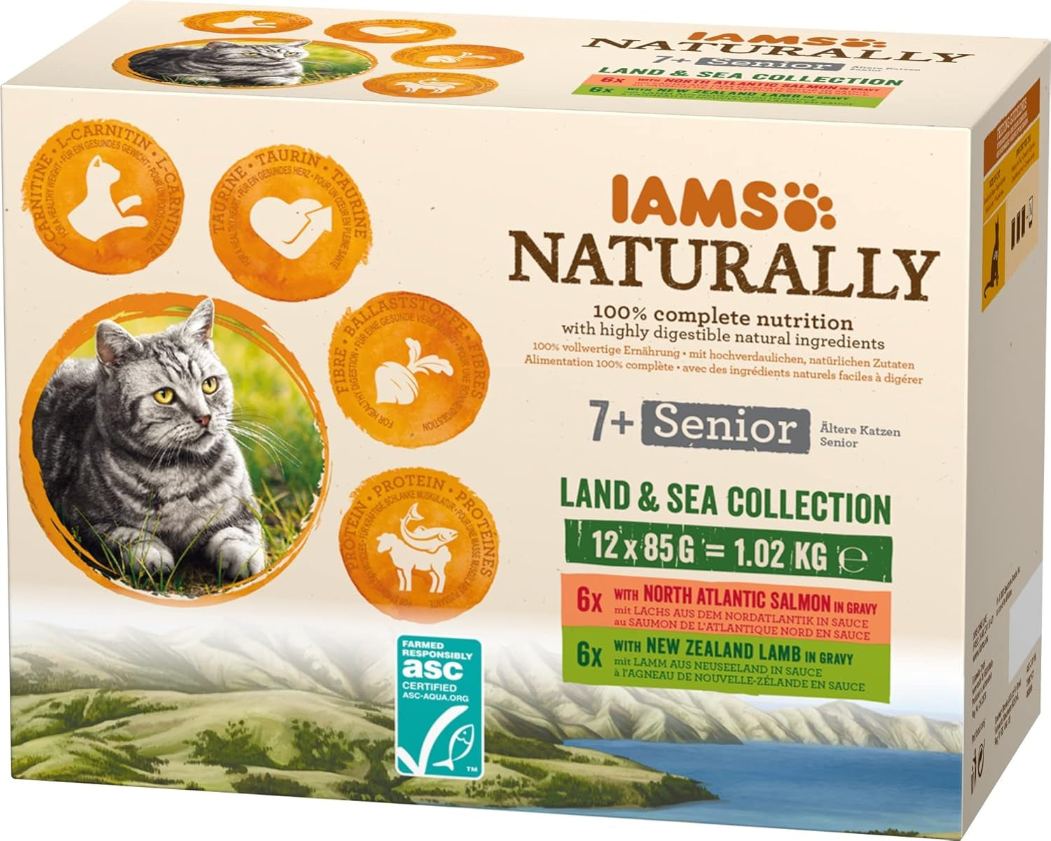 IAMS Naturally Senior Nassfutter in Soße – Hochwertiges Fleisch- und Fischnassfutter für ältere Katzen, Land & Sea Collection, 12 x 85 g