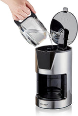 Cloer Filter-Espressomaschine für 6 Tassen, schonende Warmhaltefunktion, Glaskaraffe, Messlöffel, Wasserstandsanzeige, Anti-Tropf-System, automatische Abschaltung, Filtergröße 1x2, 550 W, Edelstahl