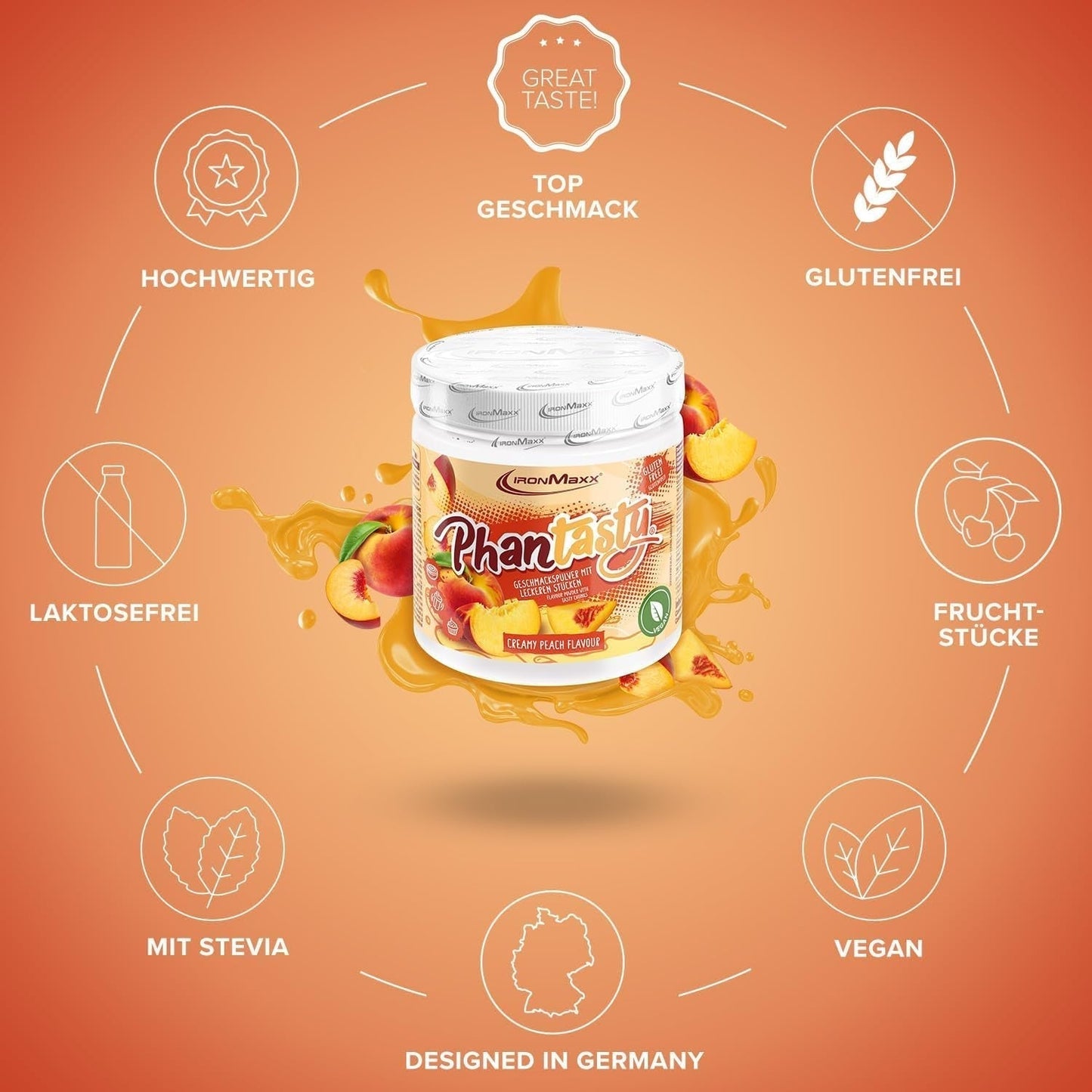 Ironmaxx Phantasty - Cremiger Pfirsich 250G Dosis | Veganes Geschmackspulver mit echten Frucht- oder Nussstückchen | Perfekter Zuckerersatz Sweeteners Naty Shop