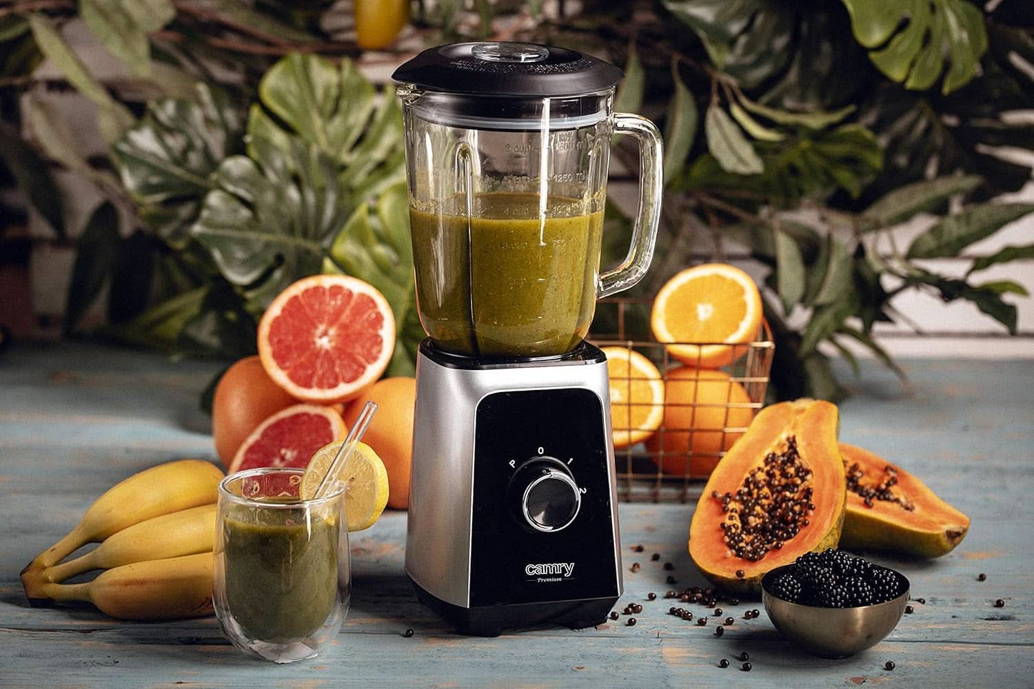CR 4077 Standmixer Mit 1.5L Glasbehälter, Smoothie Maker, Hochleistungsmixer, Mahlung, Eis-Zerkleinerung, Pulsfunktion, Edelstahlklingen, 2 Geschwindigkeiten, 1000W, Schwarz/Silber Kitchen Naty Shop