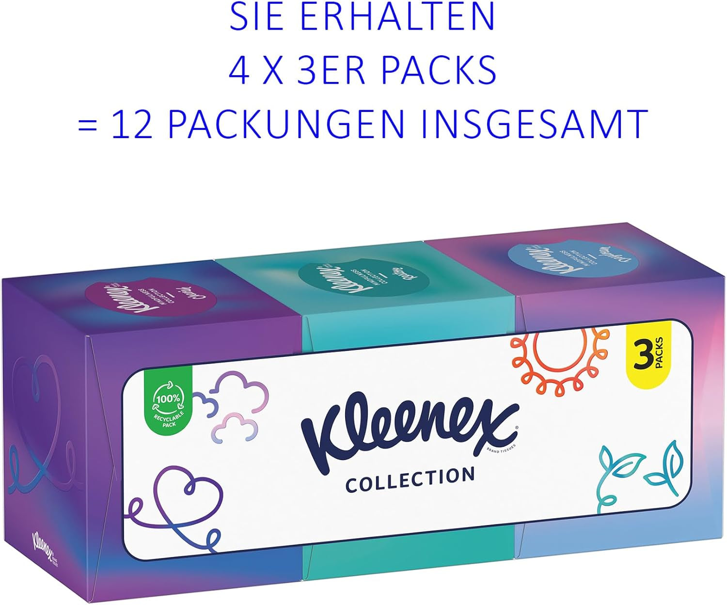 Kleenex Kosmetiktuchboxen, täglicher Gebrauch, 3-lagig, Sammelwürfel, 12 x 48 Taschentücher