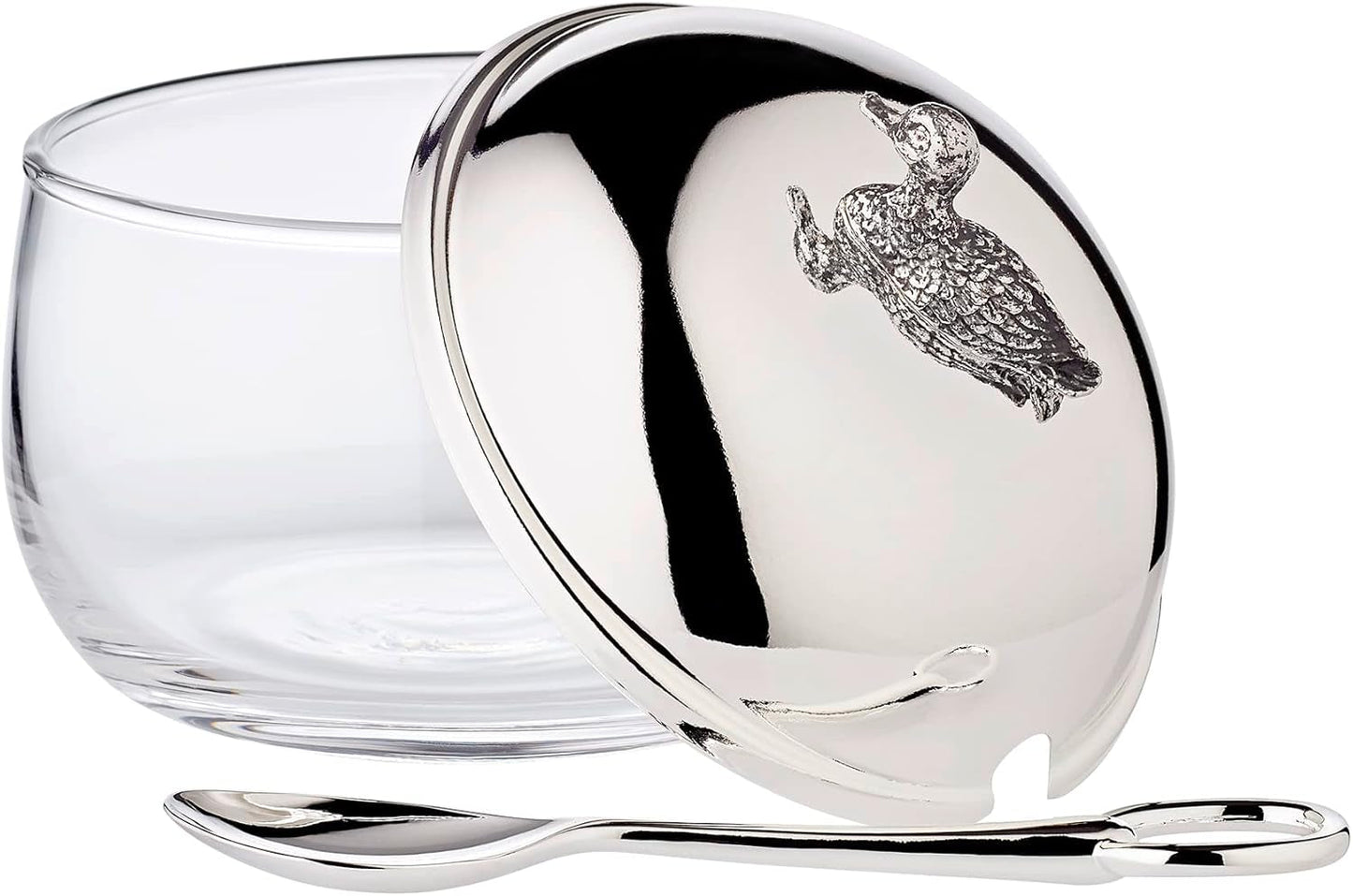 EDZARD Entenmarmeladenglas (Ø 10 cm) aus Silber und Glas - Box und Löffel - Schüssel, Zuckerbehälter, Käse - Marmeladenglas mit Deckel, Aufbewahrung mit Deckel, Geschenkbox mit Verschluss