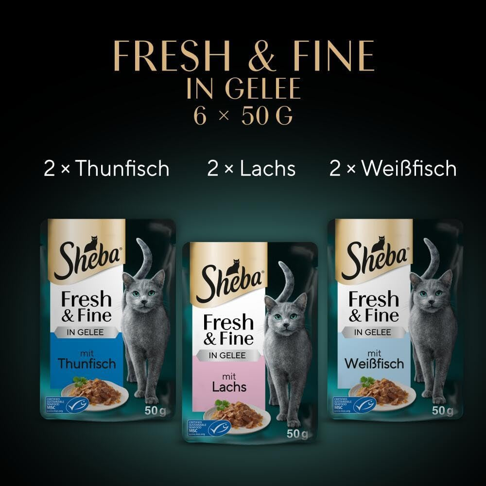 Sheba Portionsbeutel Nassfutter für Katzen, Multipack Fresh & Fine in Gelee mit MSC Thunfisch und Lachs, 6x6x50g - Gesunde Mahlzeiten für Katzen mit Gelee
