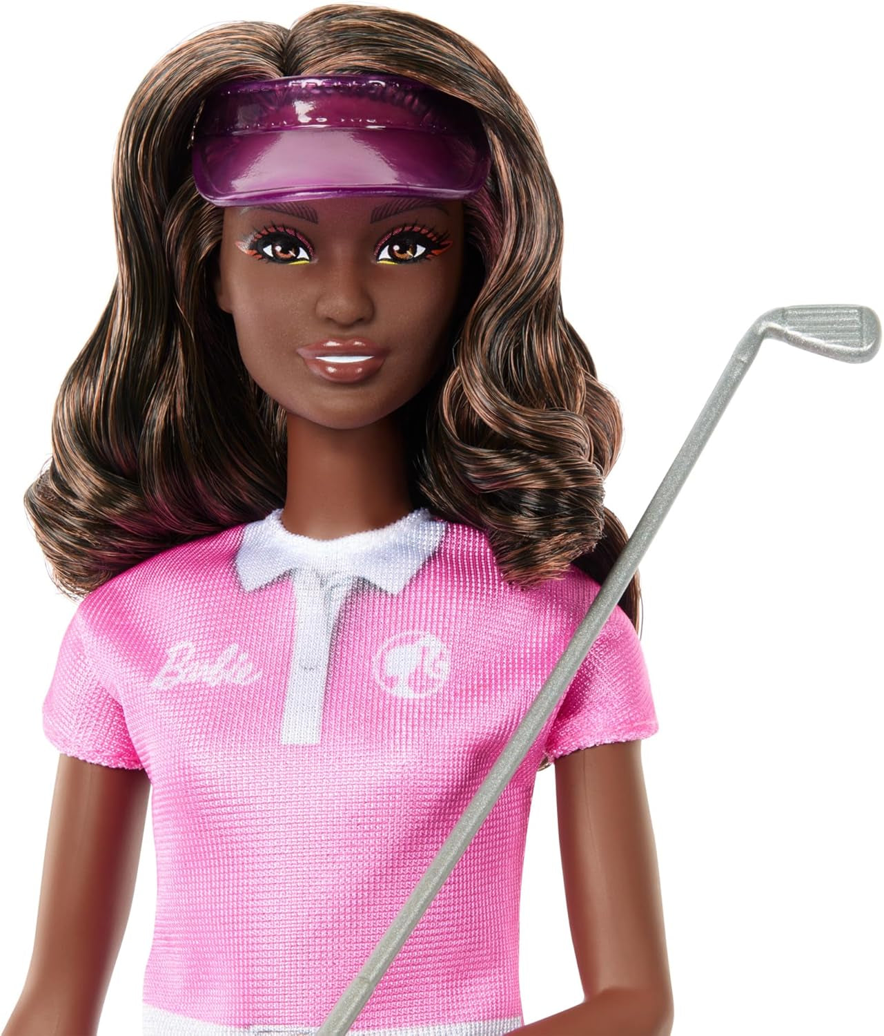 Barbie Brunette-Golferpuppe in abnehmbarem rosa Polokleid, Golfuniform, inklusive Mütze und Golfschlägerzubehör, JCR69