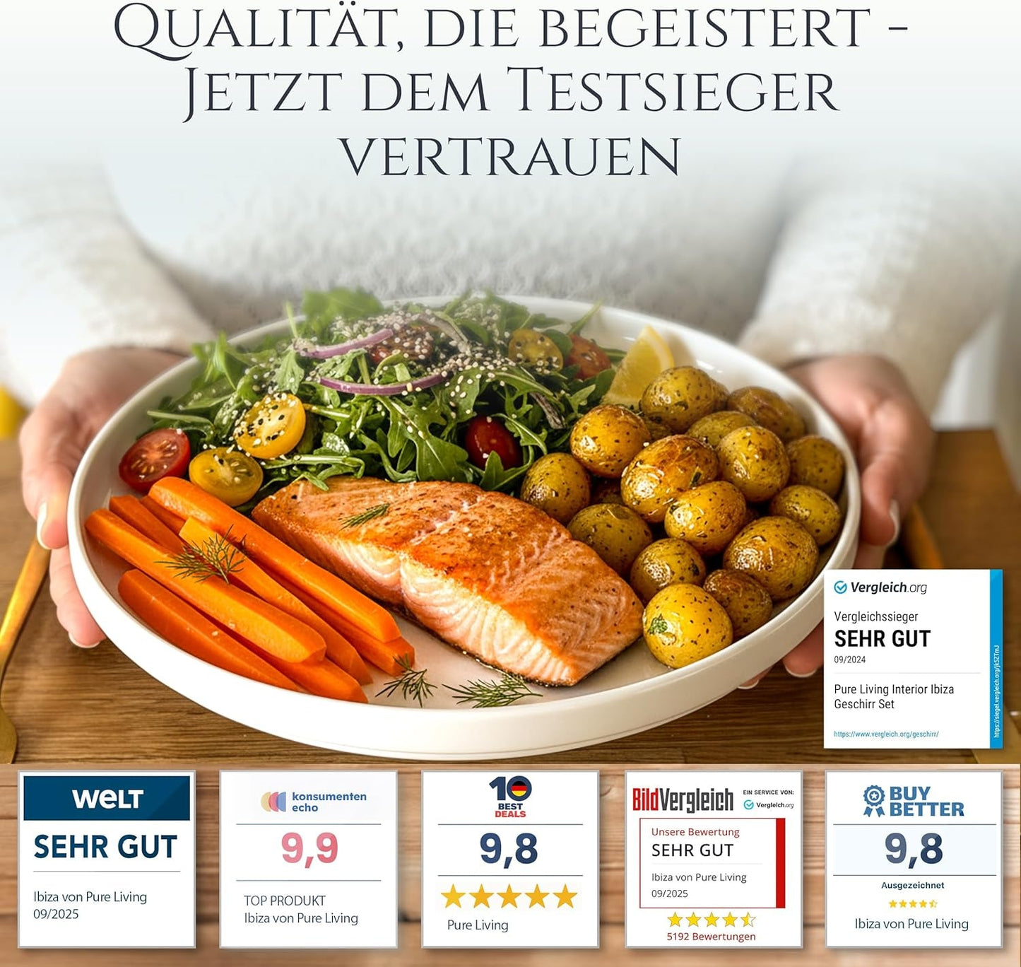 Crystal 48-teiliges Porzellan-Geschirrset TESTSIEGER Klares Porzellan-Geschirrset Schüsseln und Teller Tafelservice für 12 Pure Living-Geschirrsets in Weiß