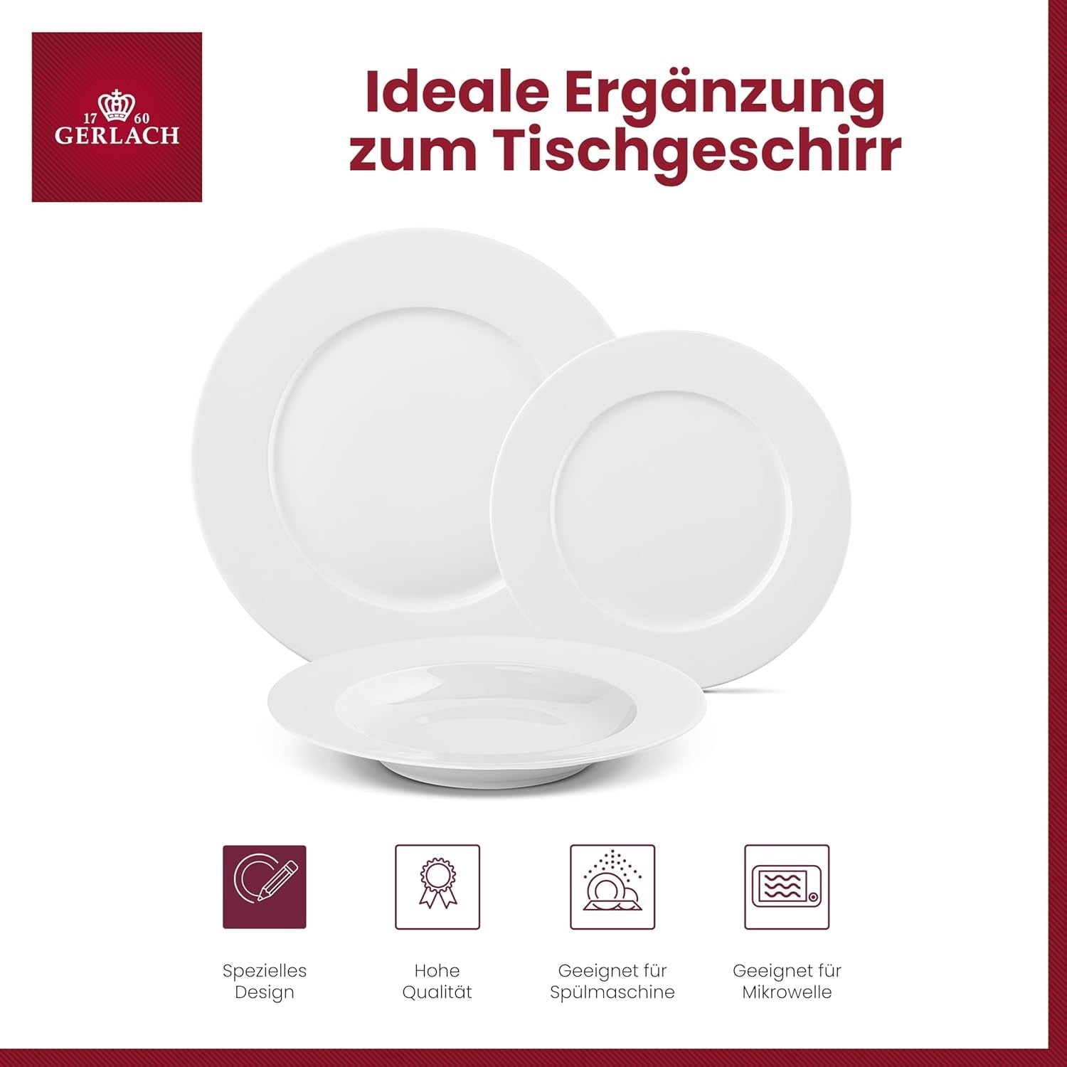 Gerlach 1760 Tafelservice - 18-teilig - Tischservice für 6 Personen - Tellerset - Modernes Porzellan, weiß
