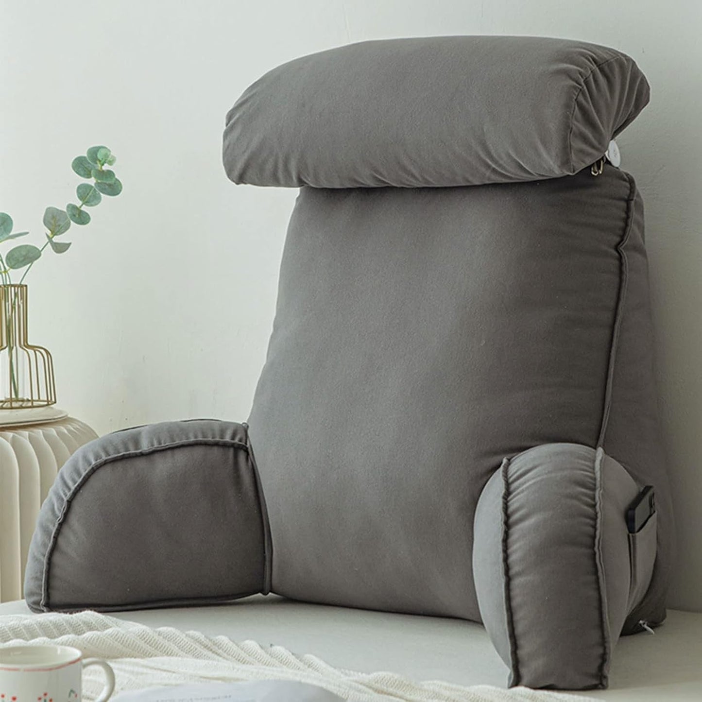 Lesekissen mit Armlehnen, Sofa-Rückenkissen, Bücherkissen fürs Bett, mit abnehmbarer Nackenrolle, Stuhlstützkissen zum Entspannen, Spielen, Lesen, Fernsehen