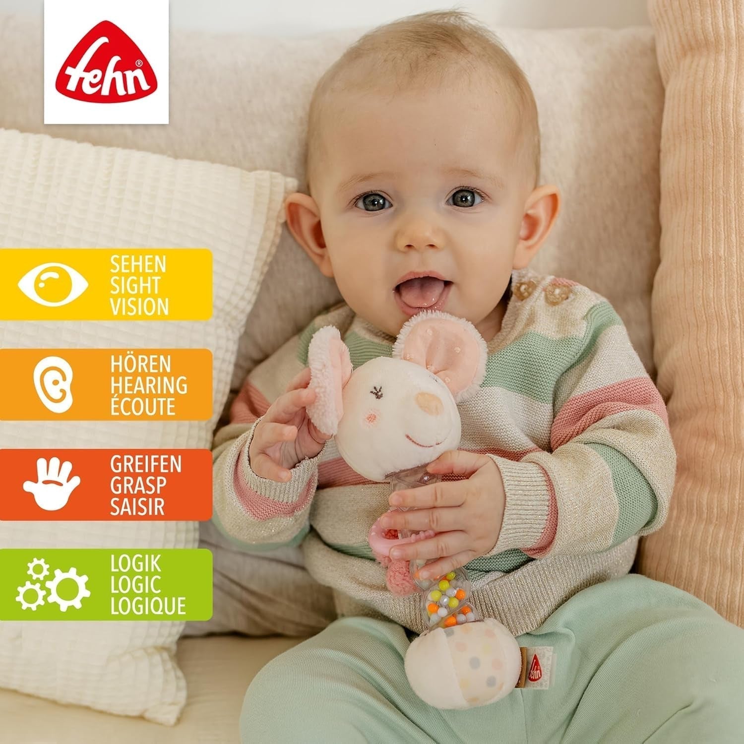 Fehn Regenmacher-Maus – Motorikspielzeug mit Glocke zum Greifen und Geräuschemachen – Glockenstab fördert spielerisch Sinne und Motorik – für Babys und Kleinkinder ab 0+ Monaten Babyspielzeug Naty Shop
