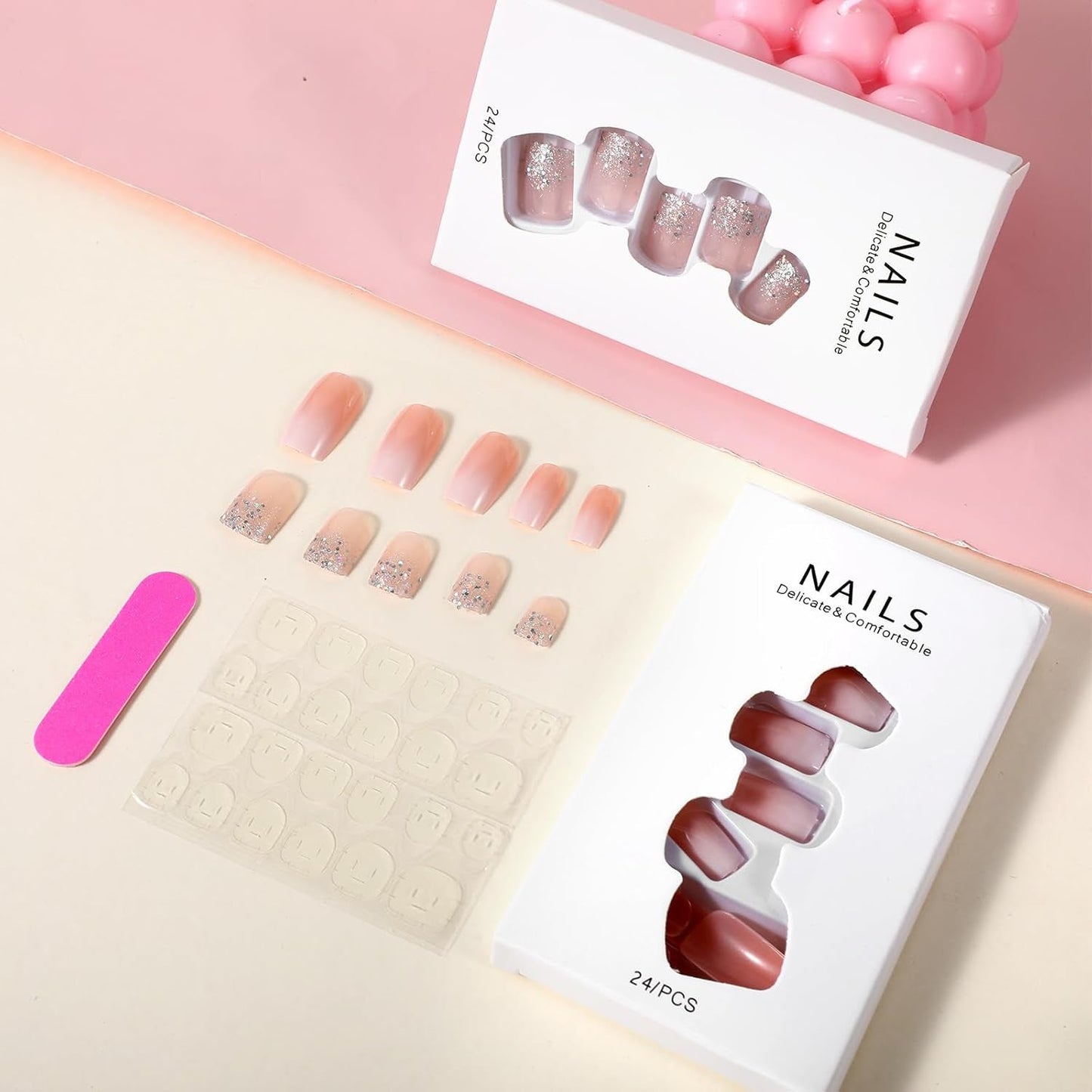 48 Stück kurze Nägel zum Aufkleben, 2 Stile, kurze quadratische französische Nägel mit Nagelkleber und Nagelfeile, rosa, weiße Ombre-Kunstnägel für Frauen