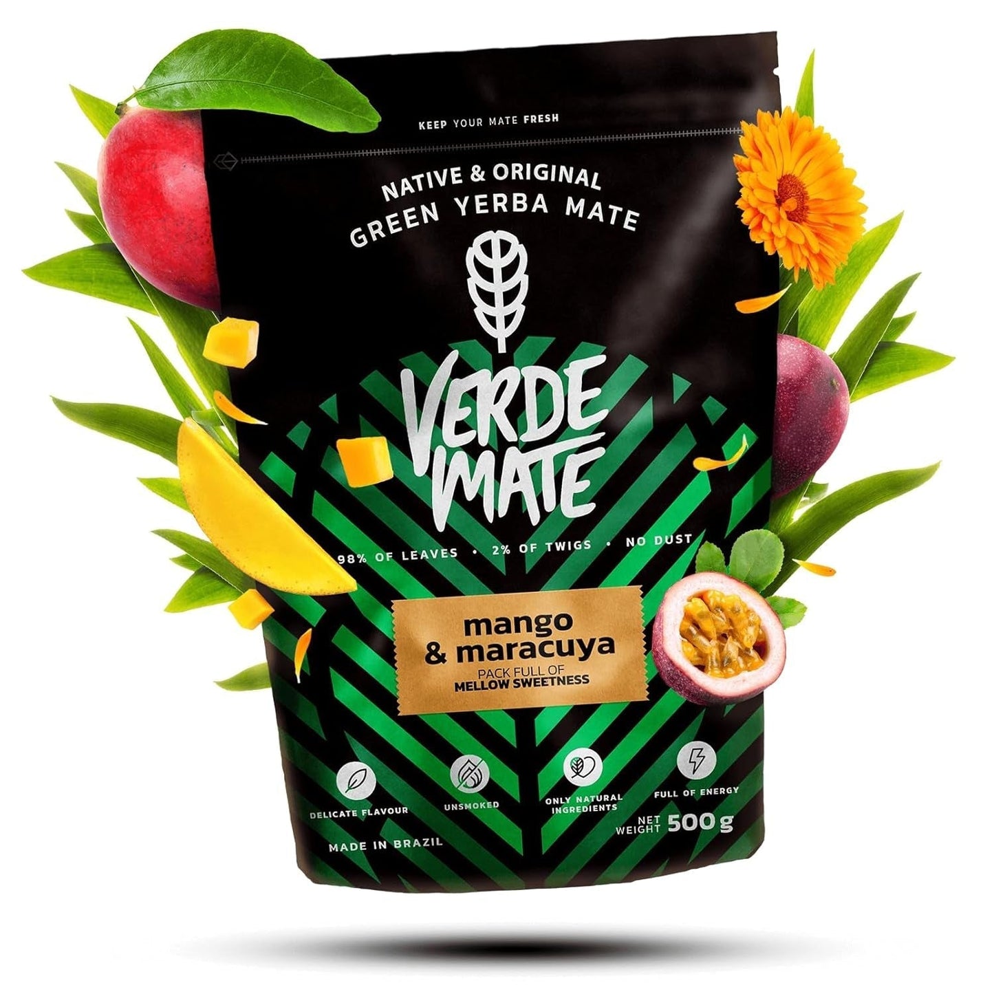 Green Mate Grüne Mango & Maracuya 0,5 kg | Mate-Früchtetee | Der exotische Geschmack von Mate-Tee Die Kraft der Kühlung | Natürliche Stimulation | Mate-Tee aus Brasilien | 500 g