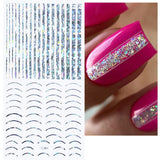 12 Blatt Laser-Glitzerlinien, selbstklebende Nagelaufkleber, holografische Aufkleber, bronzefarbene Streifen, Nagelaufkleber, französische Linie, gebogene Bögen, Wellenlinien, Nagelaufkleber, Nagelkunst-Zubehör