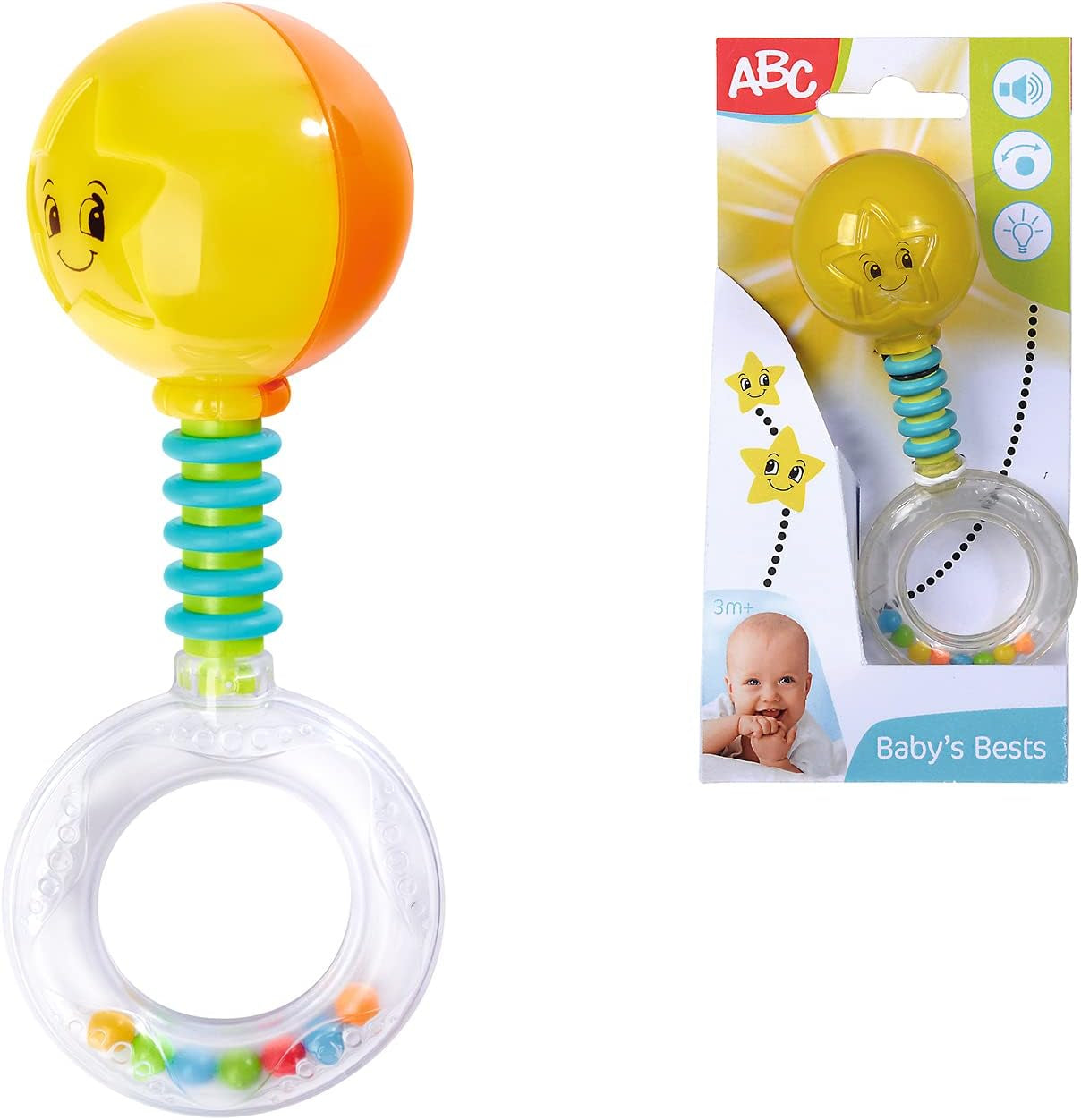 Simba 104010060 – Rassel ABC leuchtend, leuchtet beim Schütteln, 14 cm, Spielzeug für Babys, Rassel für Babys, Erstausstattung, ab 3 Monaten, gelb Jucarii Bebe Naty Shop