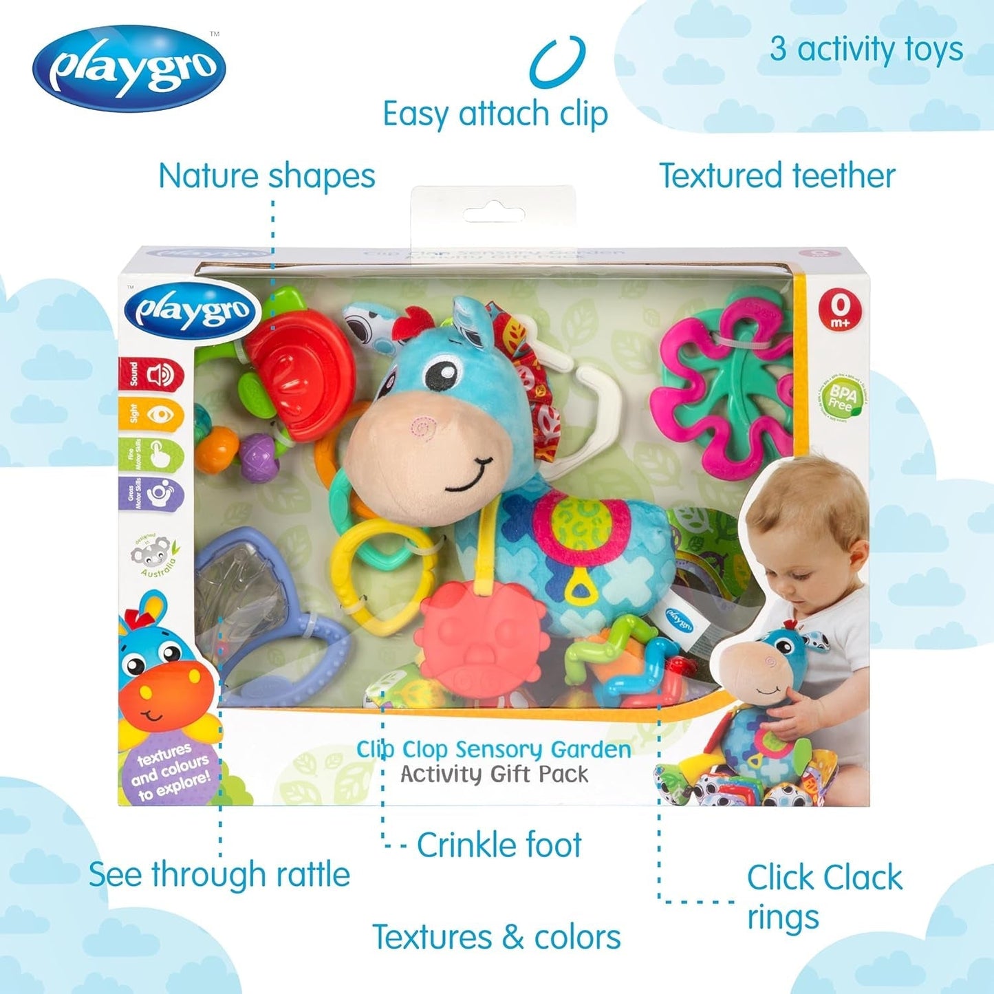 Playgro Clip Clop Sensory Garden Activity Geschenkpaket – Sensorisches Gartenspielzeug für Babys ab 0 Monaten – Interaktives Spielzeug mit Rasseln, Beißring und Kinderwagenfreund – 4 Stück