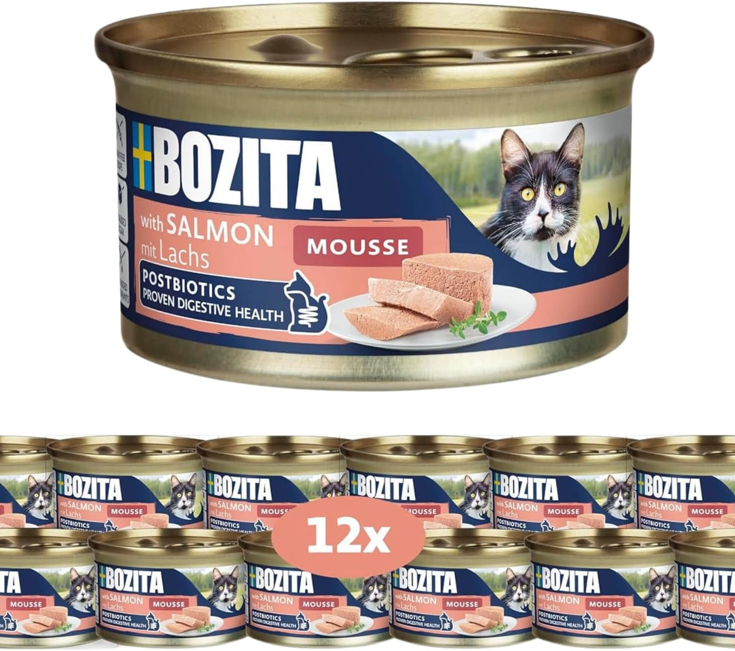 Bozita Mousse MSC Lachs – 12 x 85 g Nassfutter für Katzen mit einer feinen Textur aus Mousse und Lachs – getreidefreie Rezeptur, ohne Zucker- oder Farbstoffzusatz – mit Postbiotika zur Unterstützung der Darmflora