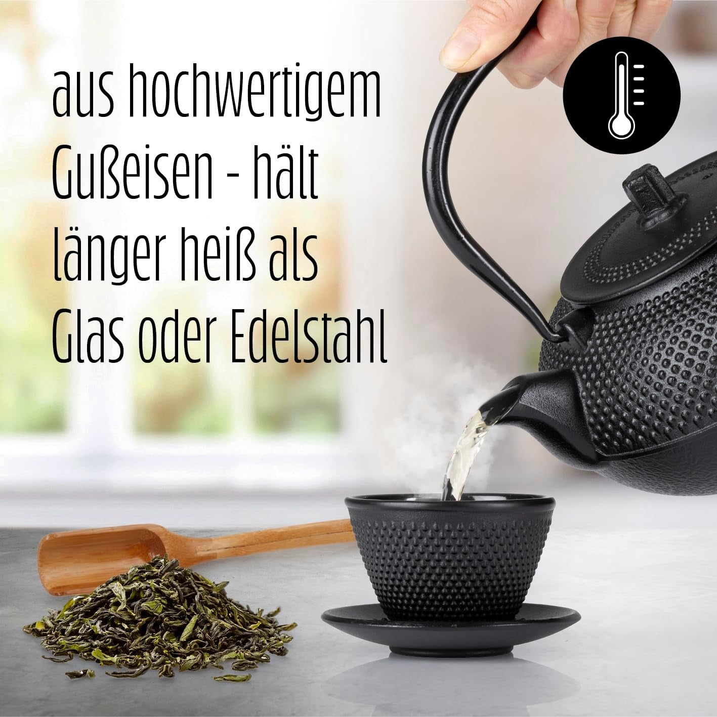 Lumaland 8-teiliges Teeservice | 1,4 Liter Tetsubin-Teekanne aus Gusseisen | Gusseisenheizung | 2 Teetassen und 2 Untertassen | Japanisches Teeservice inklusive Messlöffel aus Bambus und Teesieb aus Edelstahl