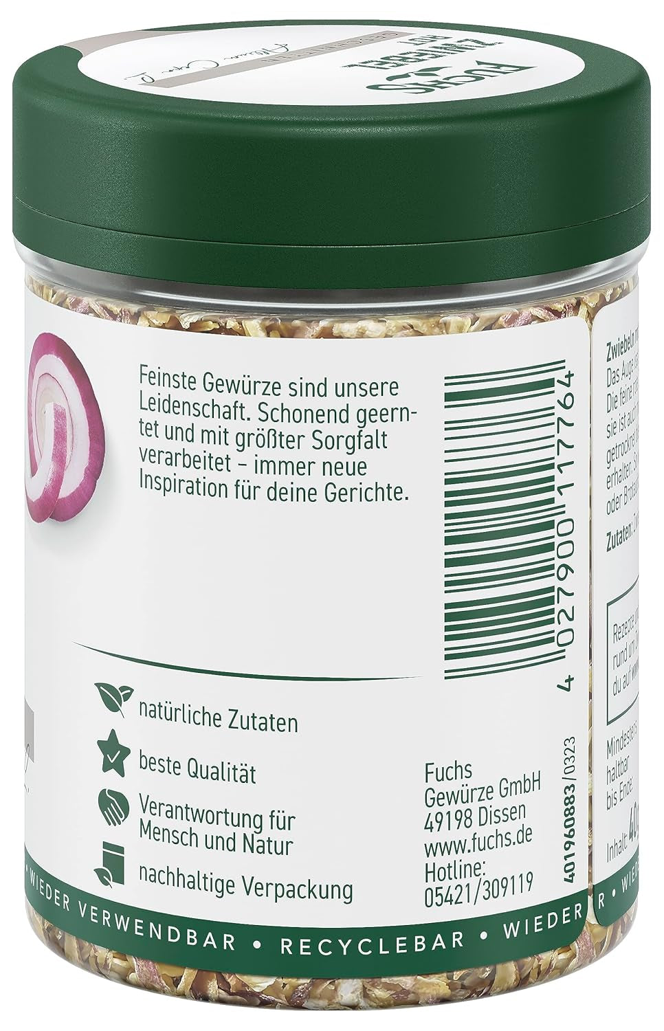 Fuchs Gewürze - Zwiebel rot geschnitten - Gewürz für Pürees, Salat oder Brotaufstriche - natürliche Zutaten - 40 g in wiederverwendbarer, recyclebarer Dose