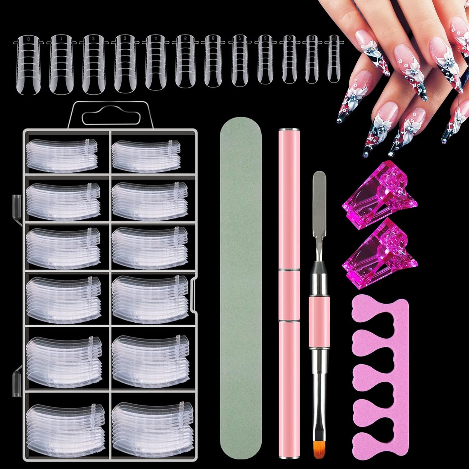 120 Doppel-Nagelformen-Set, Nagelverlängerungsschablonen mit rosa Doppelpinsel, Nagelspitzen-Clip, Schwamm-Zehentrenner und Nagelfeile für Polygel-Nägel