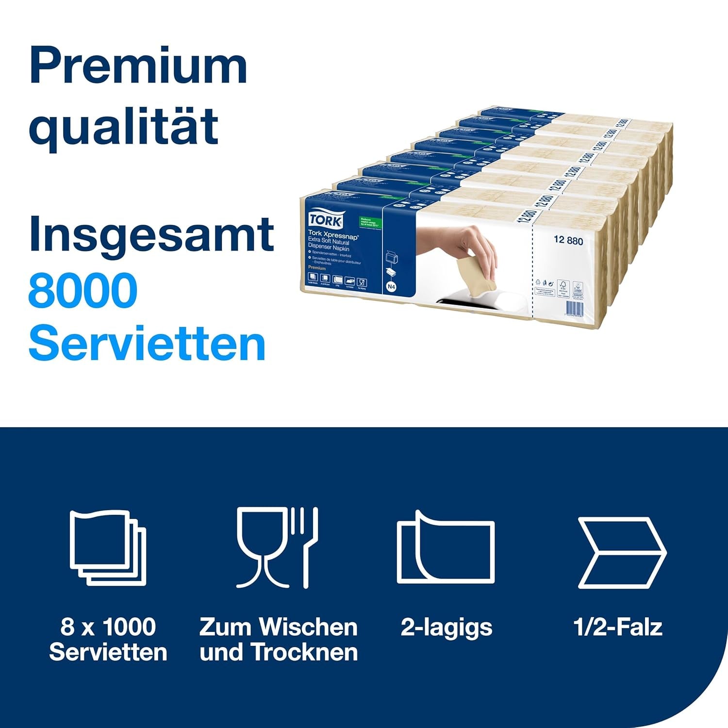 Tork Xpressnap Extra Soft Nature N4 Spenderserviette, Premium, 1/2 x 2-lagig, 21,3 cm x 16,5 cm, 8 × 1.000 Servietten, 12880