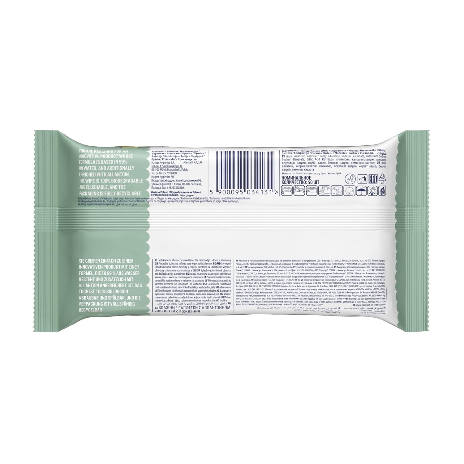 Cleanic Baby Eco Pure Water Feuchttücher – (1 x 50 Stk.) Feuchttücher für Kinder und Kleinkinder – parfümfrei, abspülbar, empfindliche Haut – 50 Stk.
