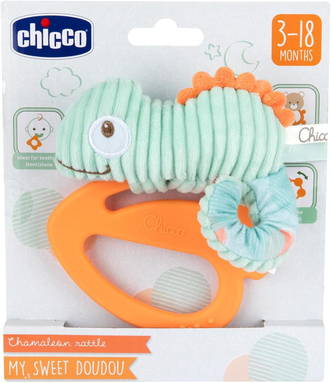 Chicco My Sweet Doudou Chamäleon-Spielzeug aus hochwertigem Stoff, weicher Kunststoffring, beruhigendes Zahnen, Babyspielzeug, 3–18 Monate, Babyspielzeug, Naty Shop