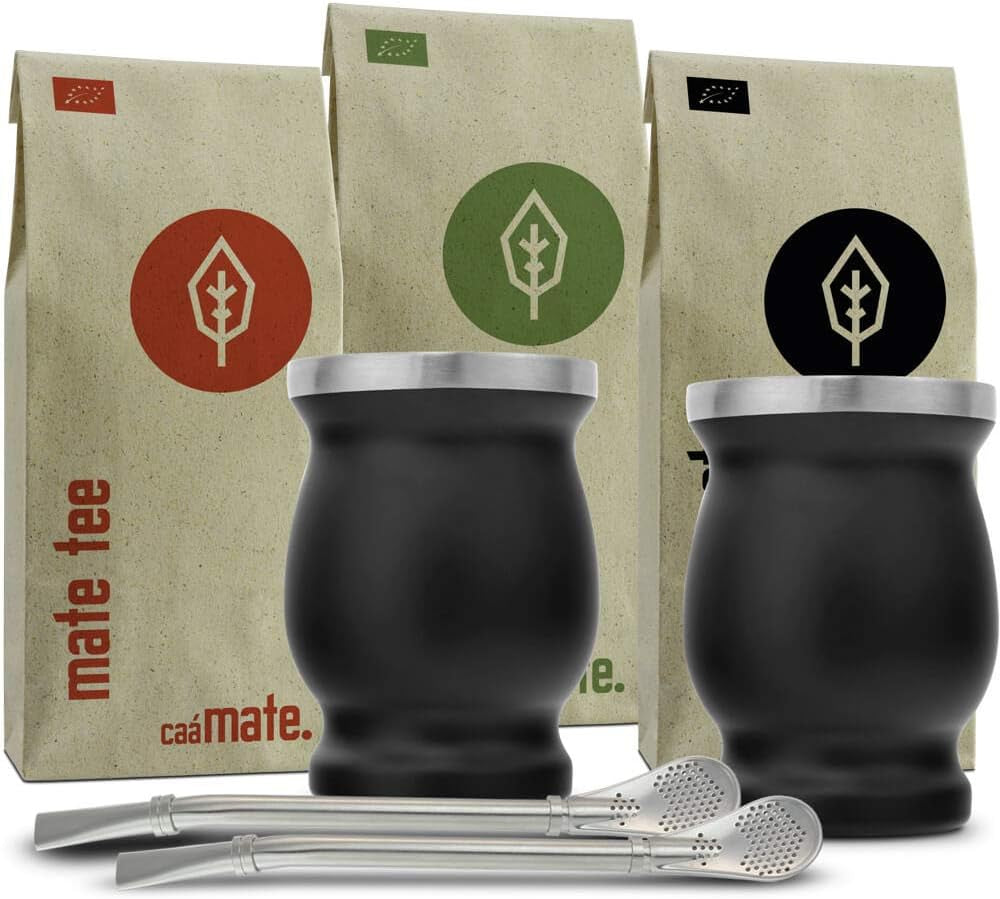 Mate Bio-Teeset ● 3 Mate-Sortimente + 2 doppelwandige Mate-Becher aus Edelstahl + 2 Bombillas + Zubereitungsanleitung (Schwarz)